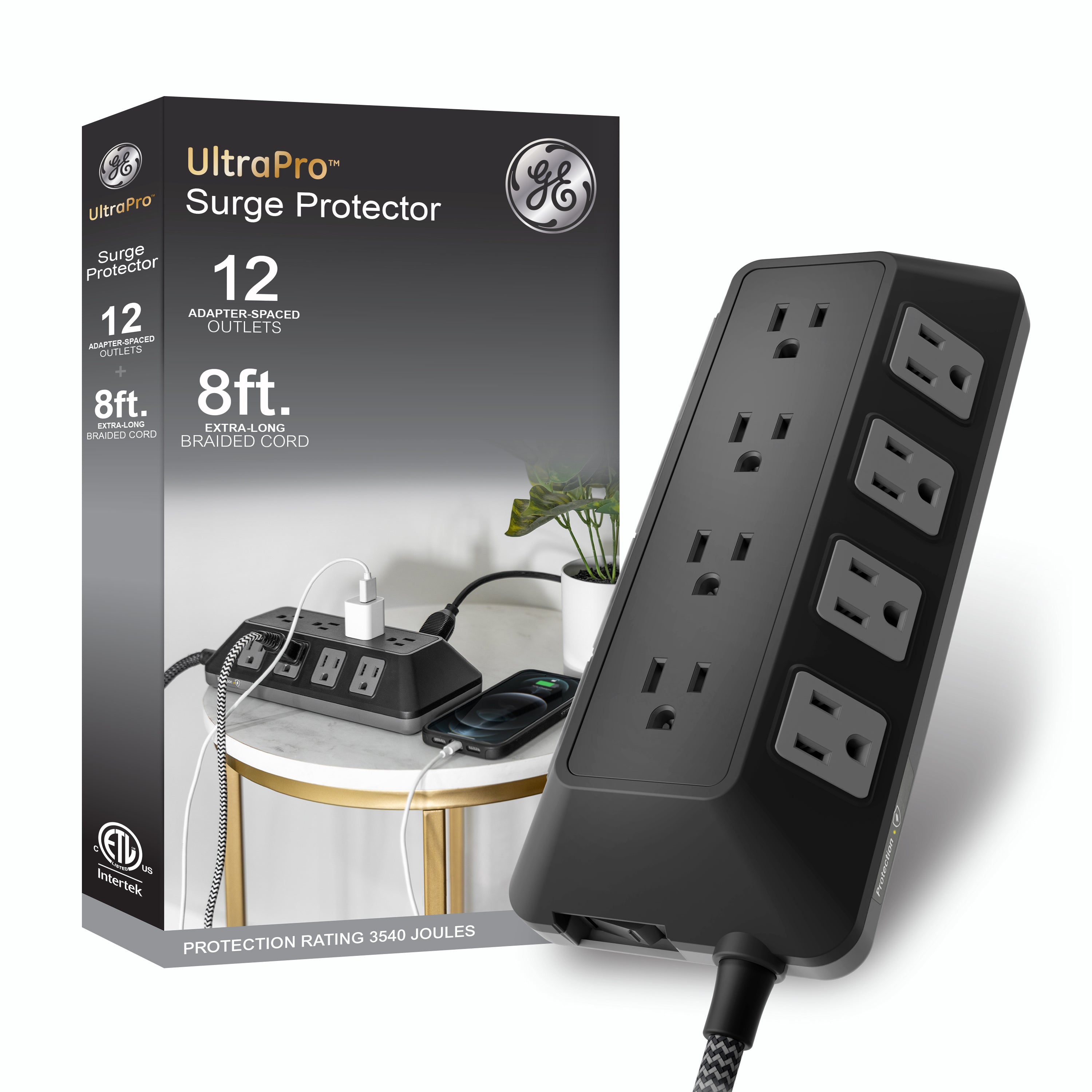 GE-branded UltraPro 12-Outlet Surge Protector, 3540J, 8ft. Braided Cord, Black