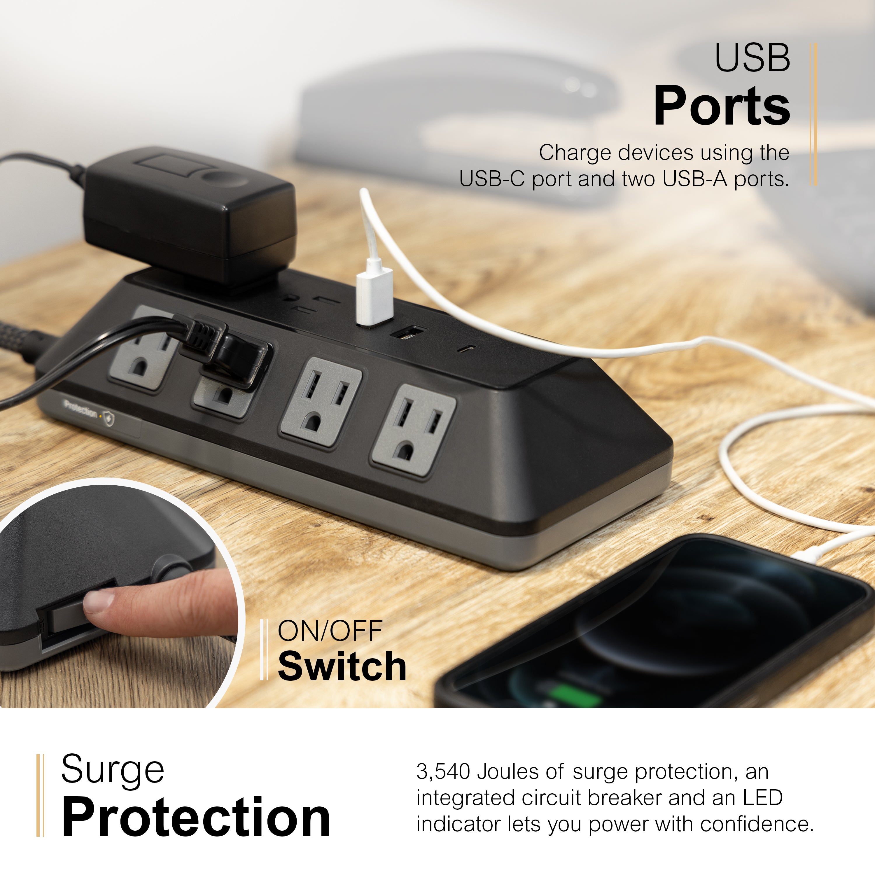 GE-branded UltraPro 10-Outlet Surge Protector, 3540J, 4ft. Braided Cord, Black
