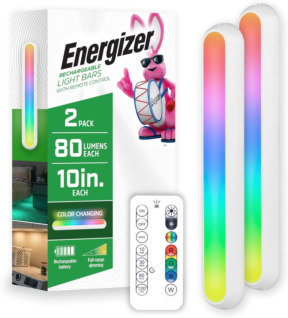 Energizer 10 inch RGBW Rechargeable Under Cabinet Lighting, Remote, 2 Pack