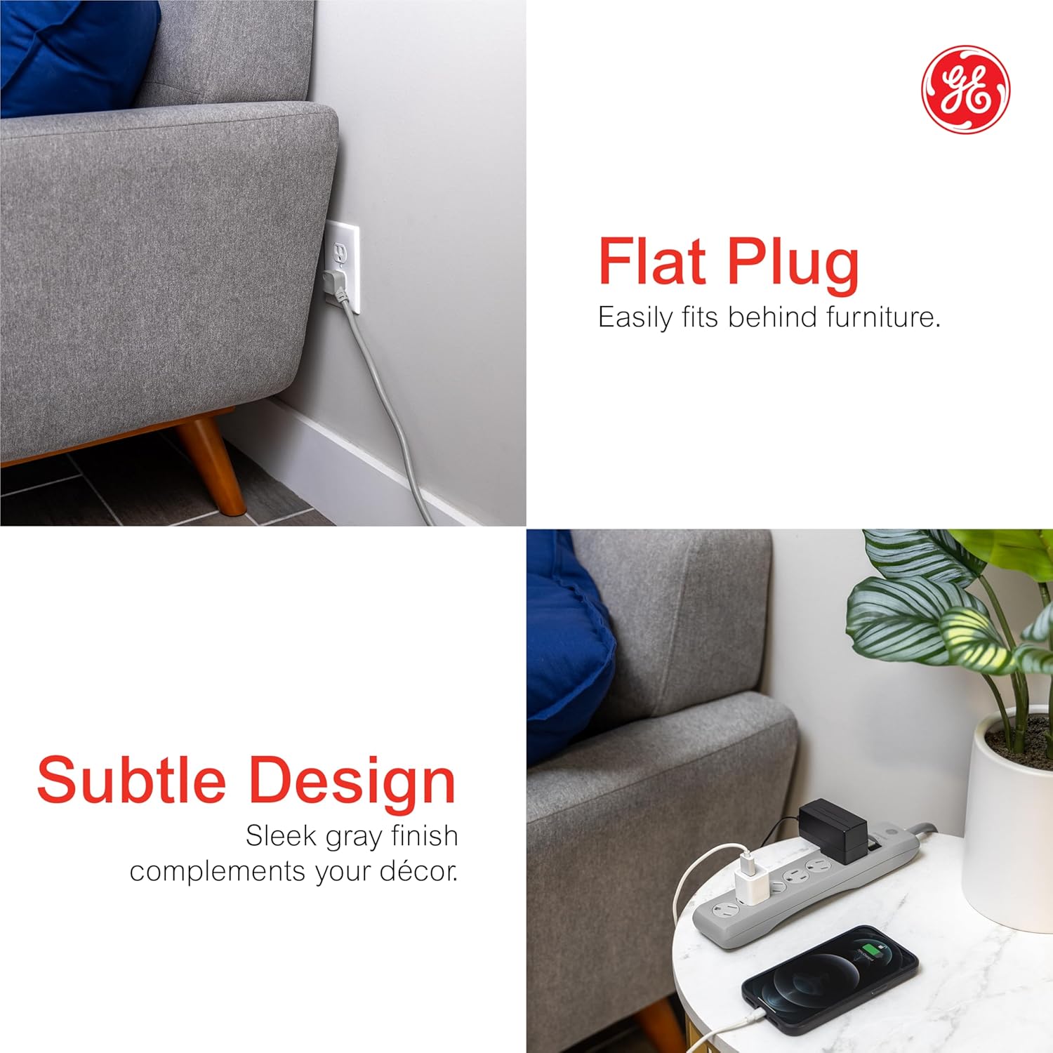 GE-branded 6-Outlet Surge Protector, Gray, 15ft. Cord