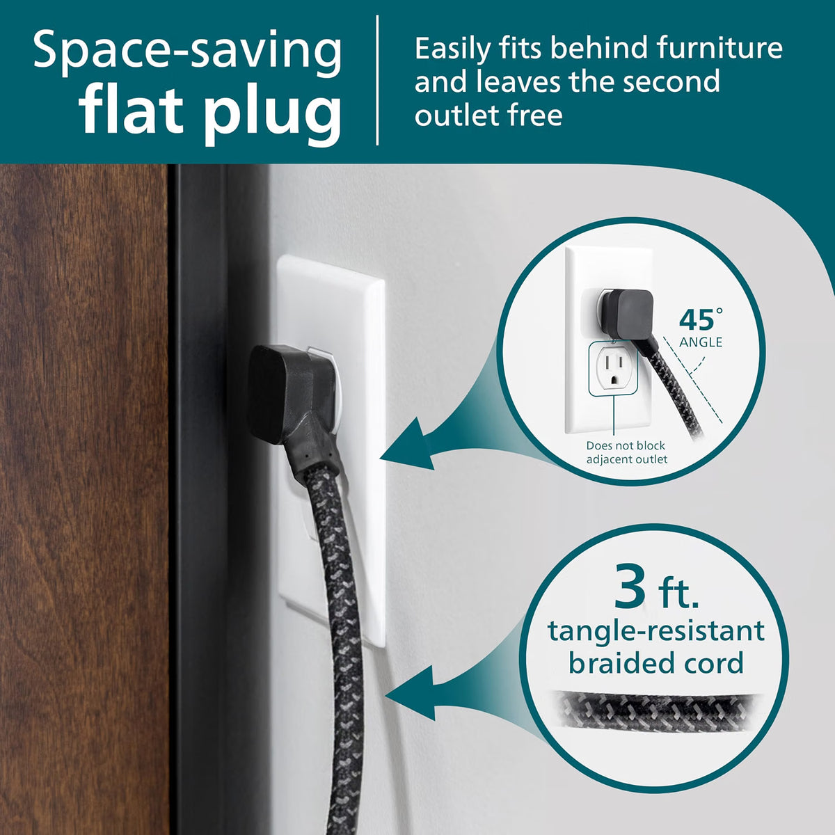 Philips 6-Outlet Surge Protector, 735 J, 3 ft. Braided Cord, Black