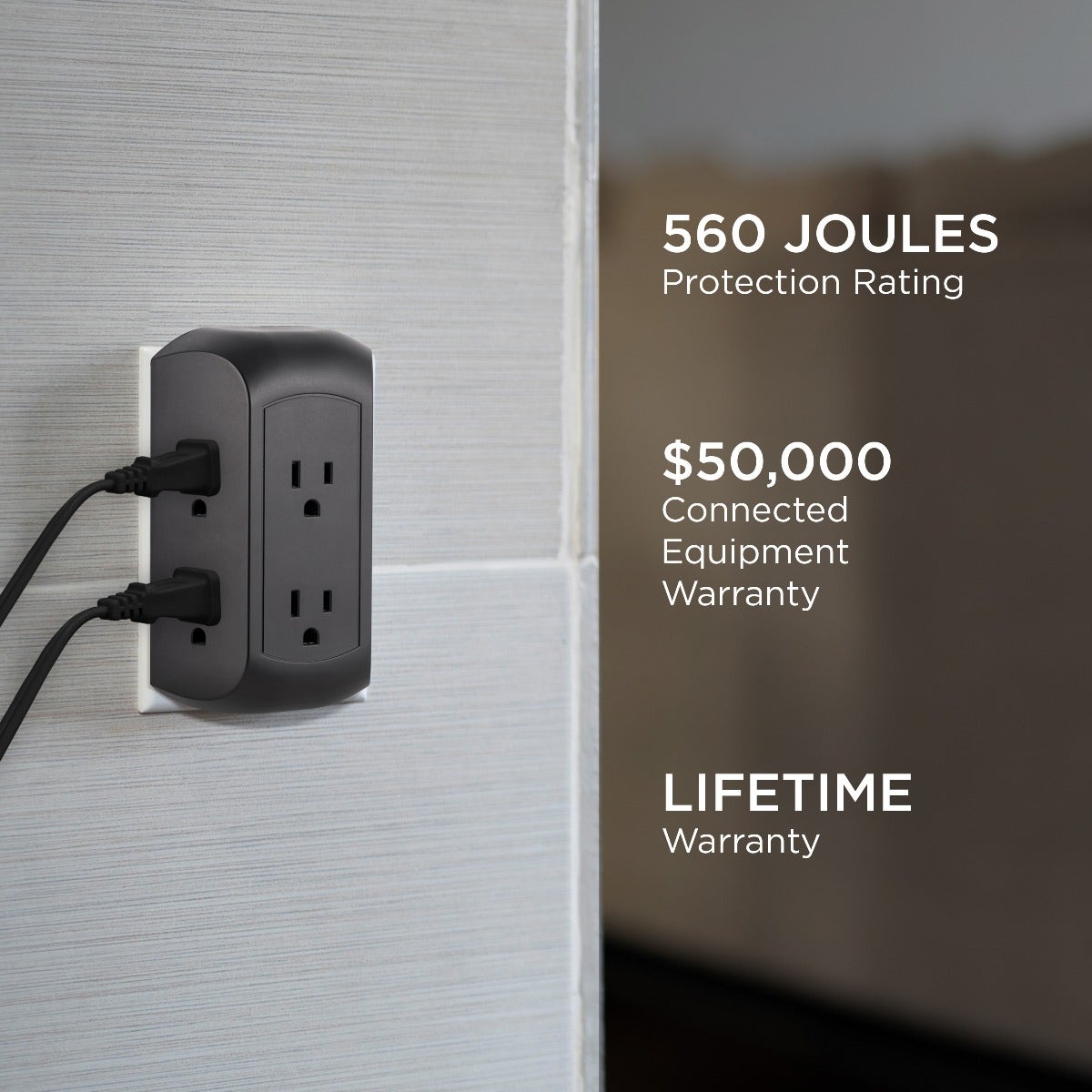 GE UltraPro 6-Outlet Wall Tap with Surge Protection, 2 Pack, Black