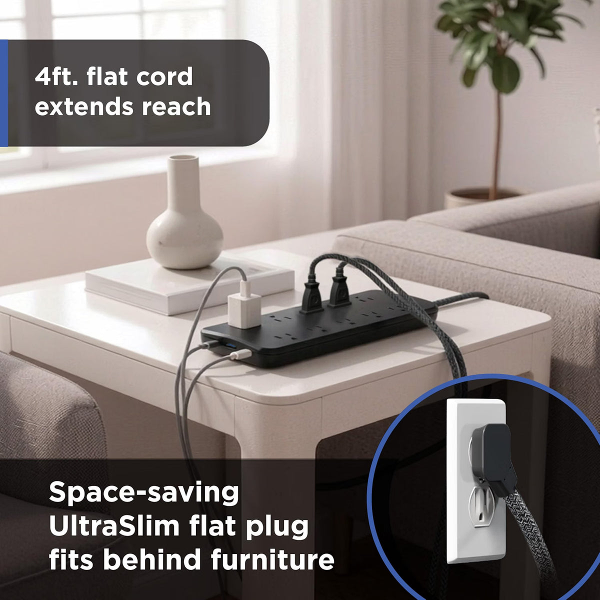 GE-branded 10OL Surge Protector, 1 USB-A, 2 USB-C, 20W Power Delivery Shared, 1000J, 4ft. Braided Cord, Black