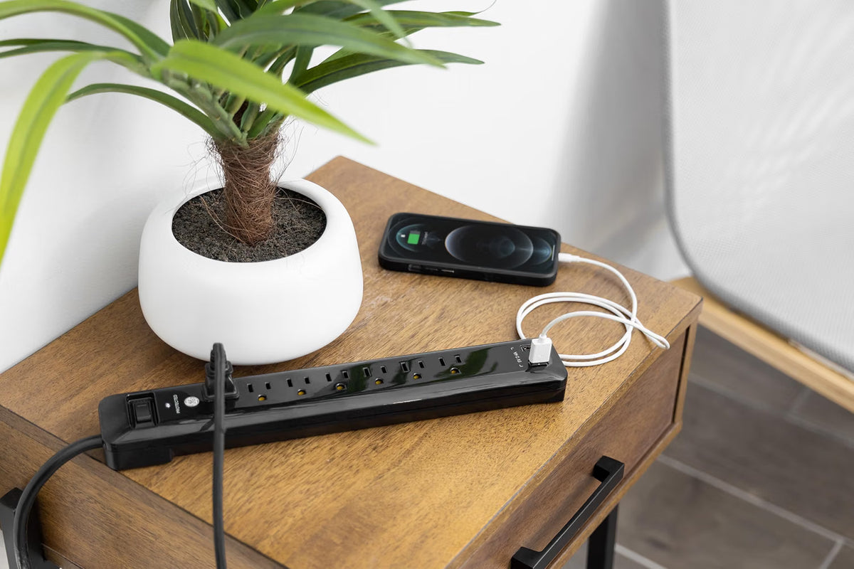 GE 7-Outlet Surge Protector, 1440J, 2 USB-A, 4ft Cord