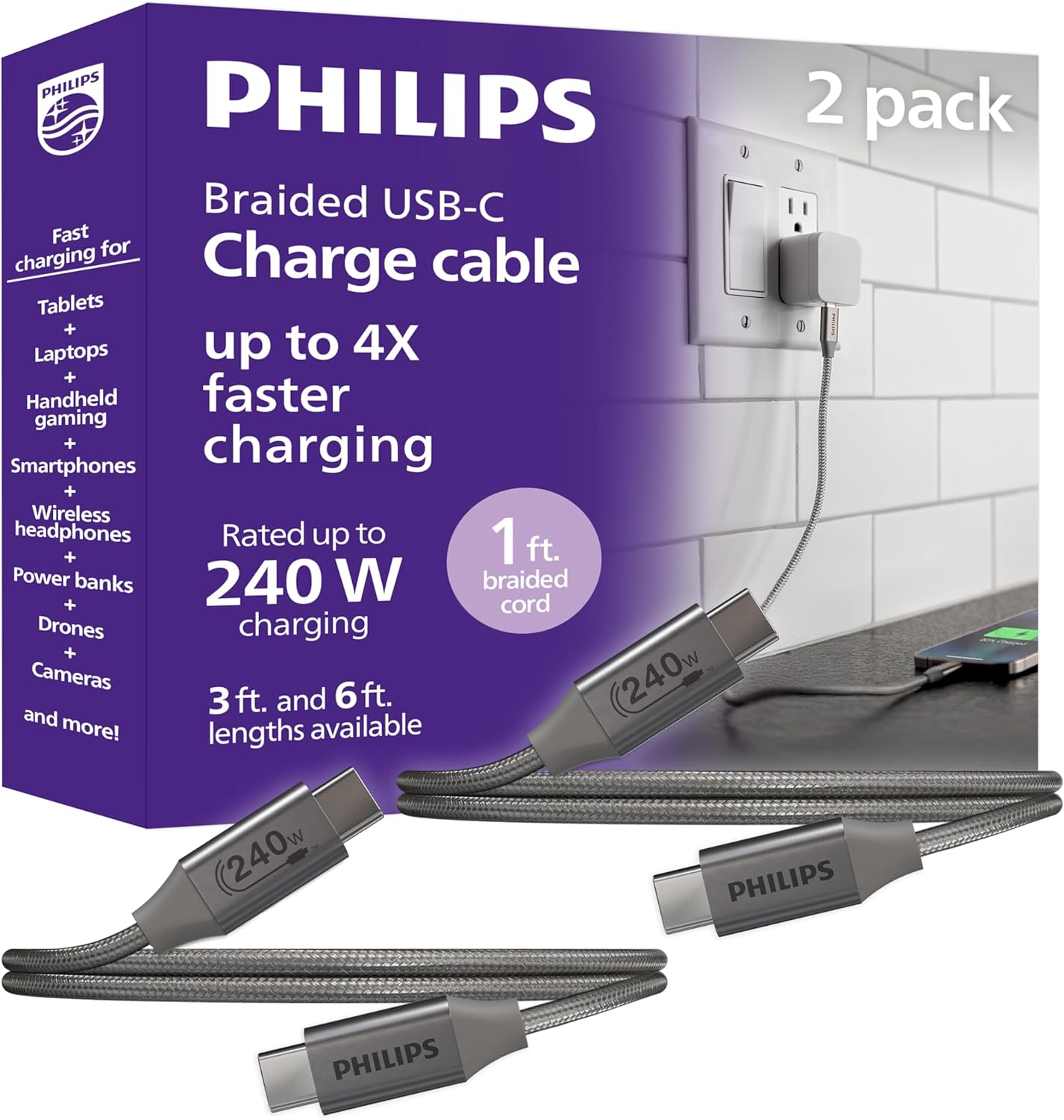 Philips USB-C to USB-C Cable, 1ft, Braided Cord, 240W, Black/Gray Heather, 2 pack