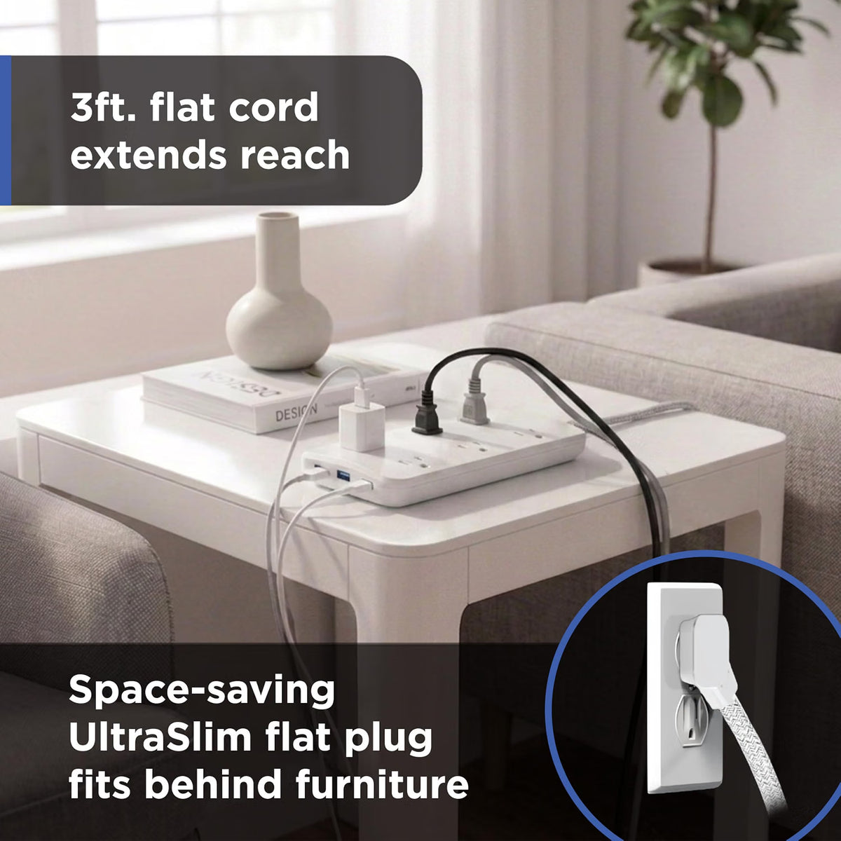 GE-branded 6OL Surge Protector, 1 USB-A, 2 USB-C, 500J, 3ft. Braided Cord, White