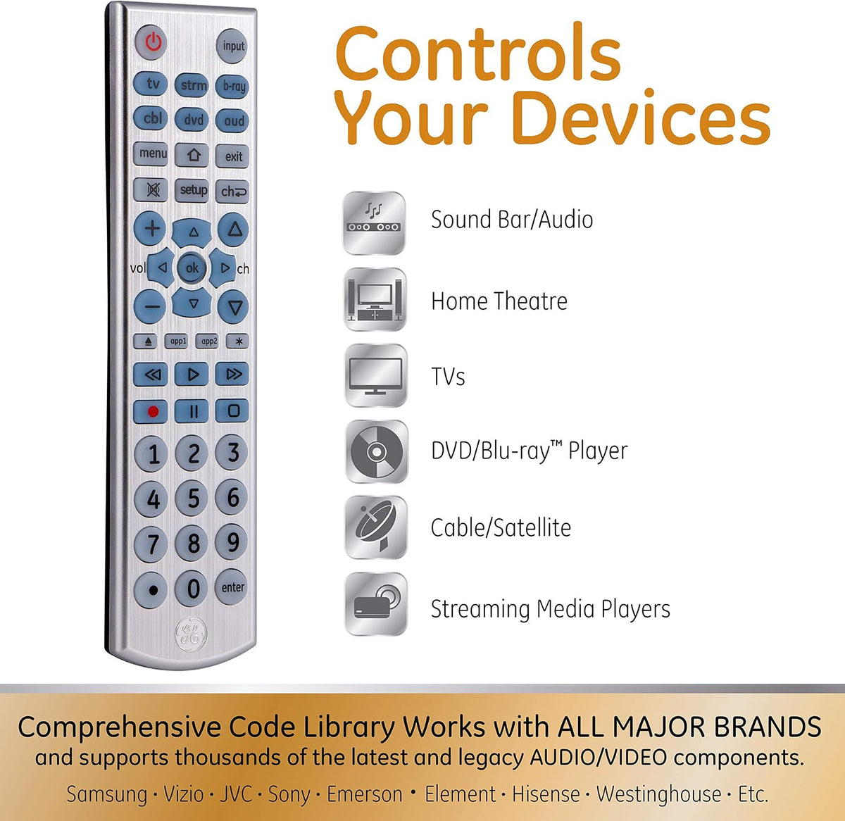 GE UltraPro 6-Device Universal Remote, Backlit, Big Buttons, Brushed Silver