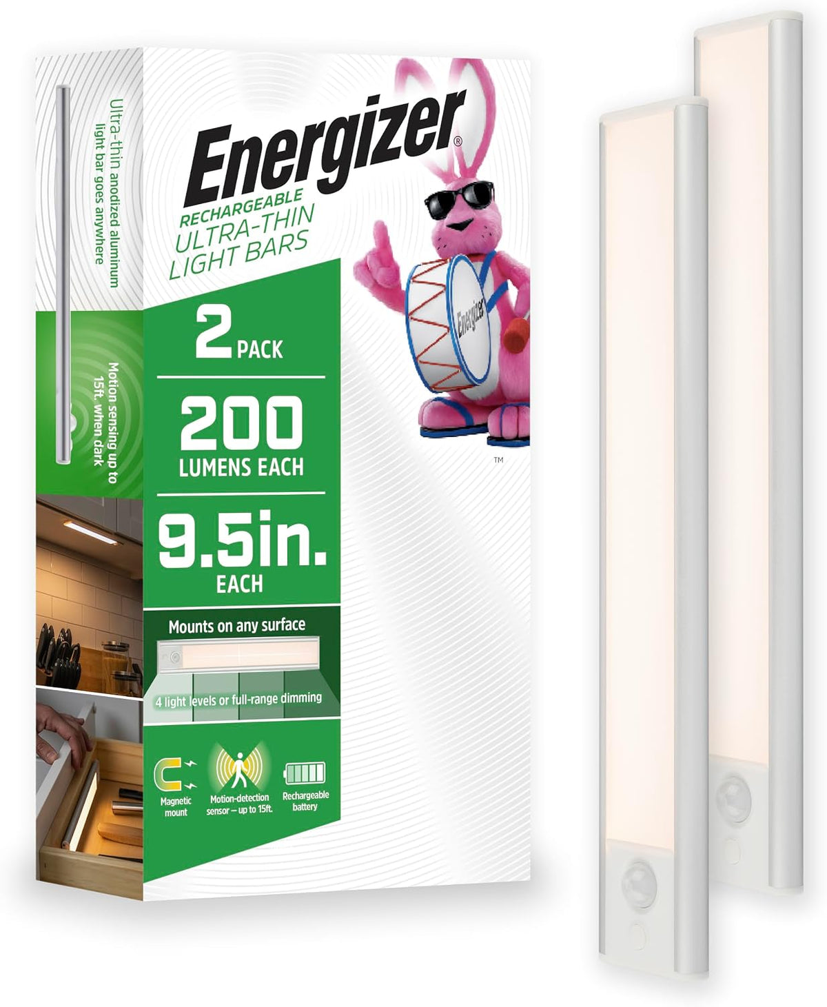 Energizer 9.5 inch Motion Sensor Rechargeable Under Cabinet Lighting 2 Pack