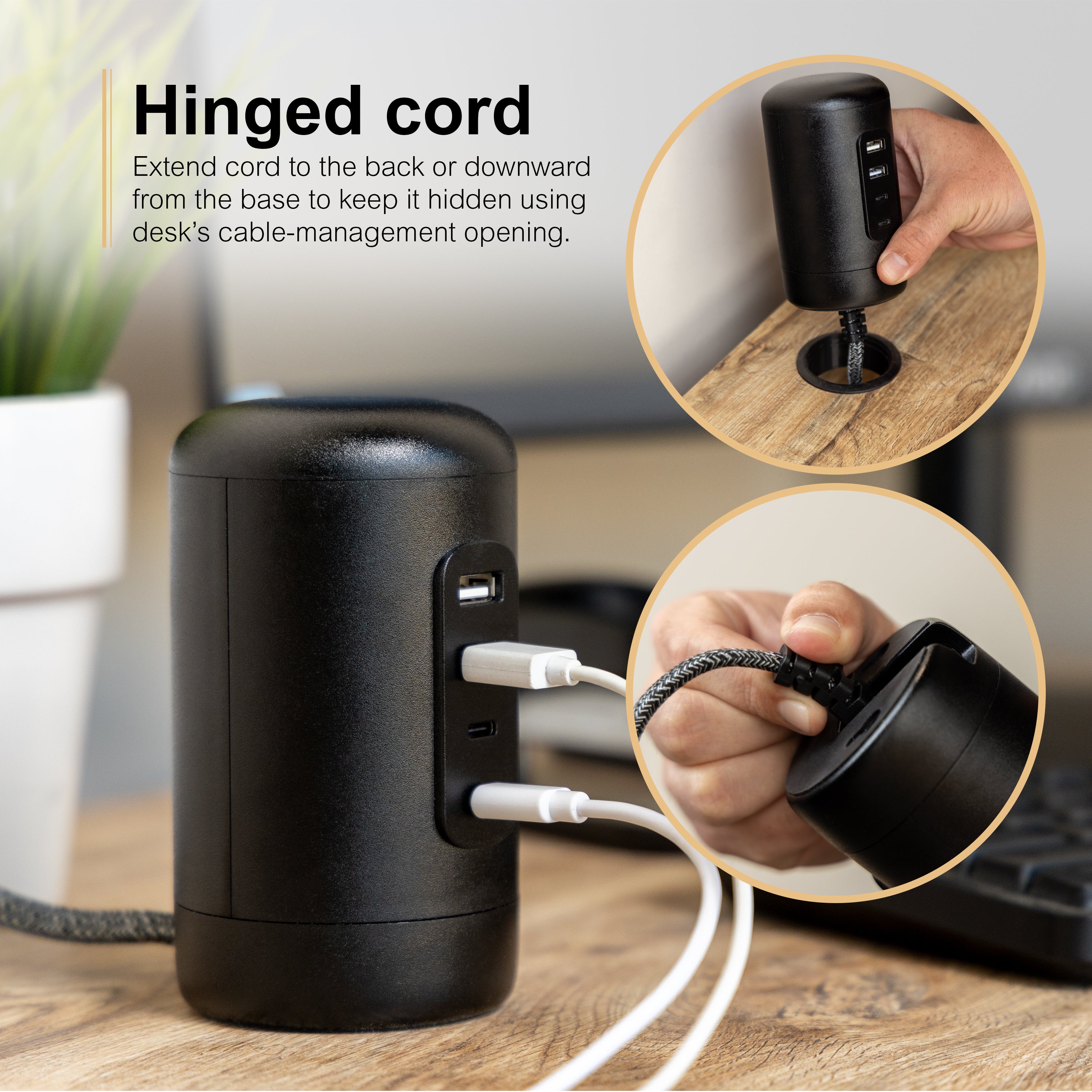 GE Desktop Power Hub, 2 USB-A, 2 USB-C, 5ft. Cord, Black