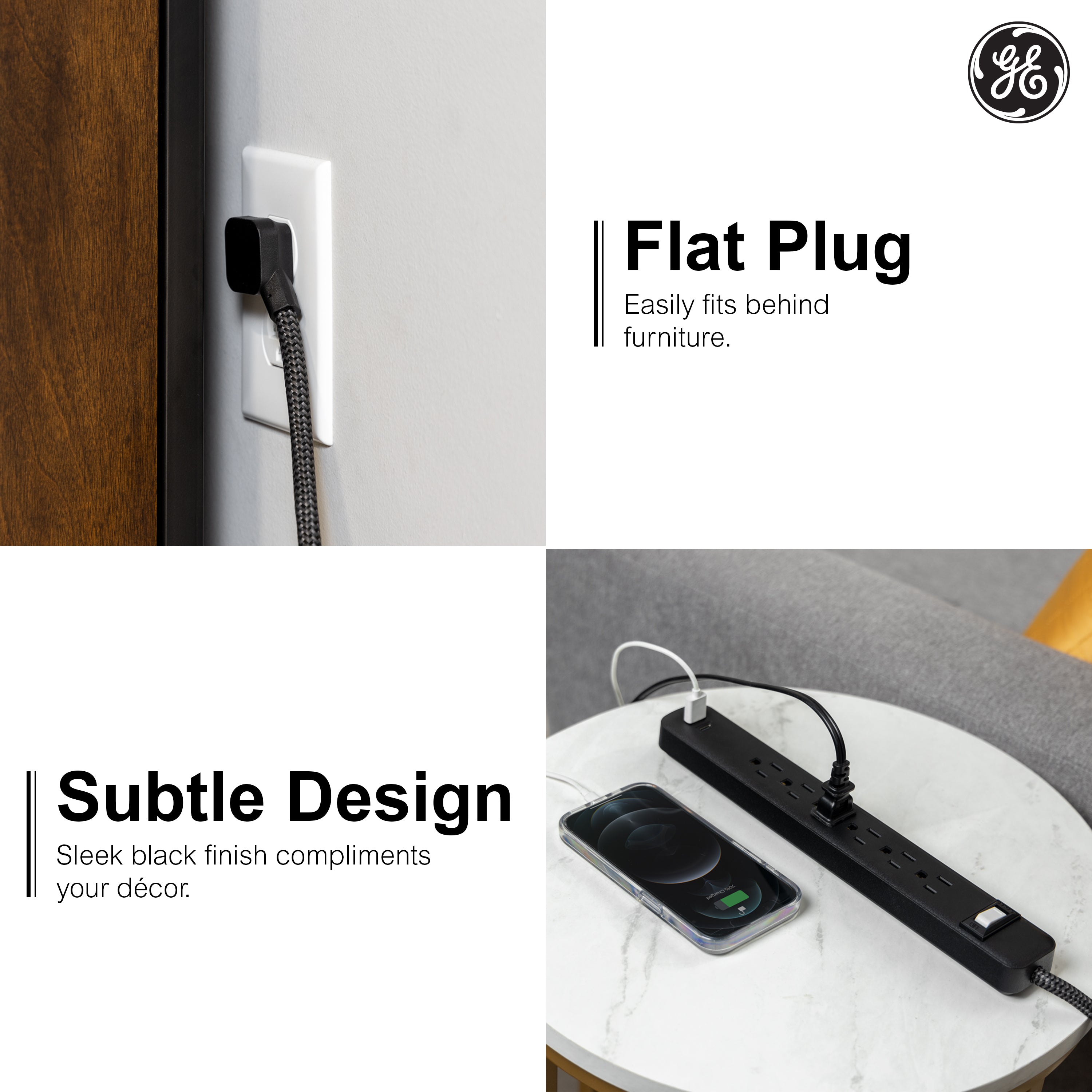 GE-branded 6-Outlet Power Strip with USB, 1 USB-A, 1 USB-C, 6ft., Black