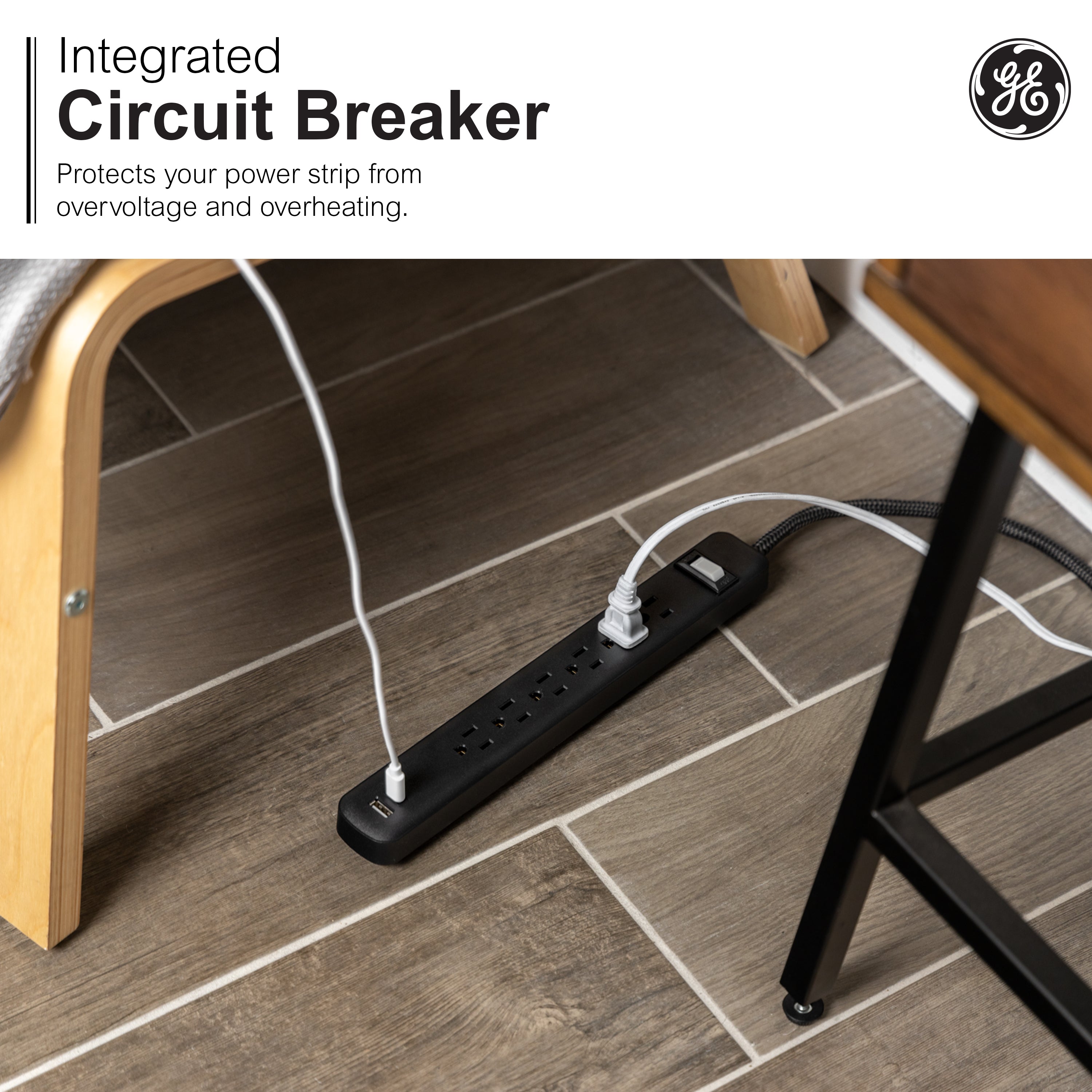 GE-branded 6-Outlet Power Strip with USB, 1 USB-A, 1 USB-C, 6ft., Black