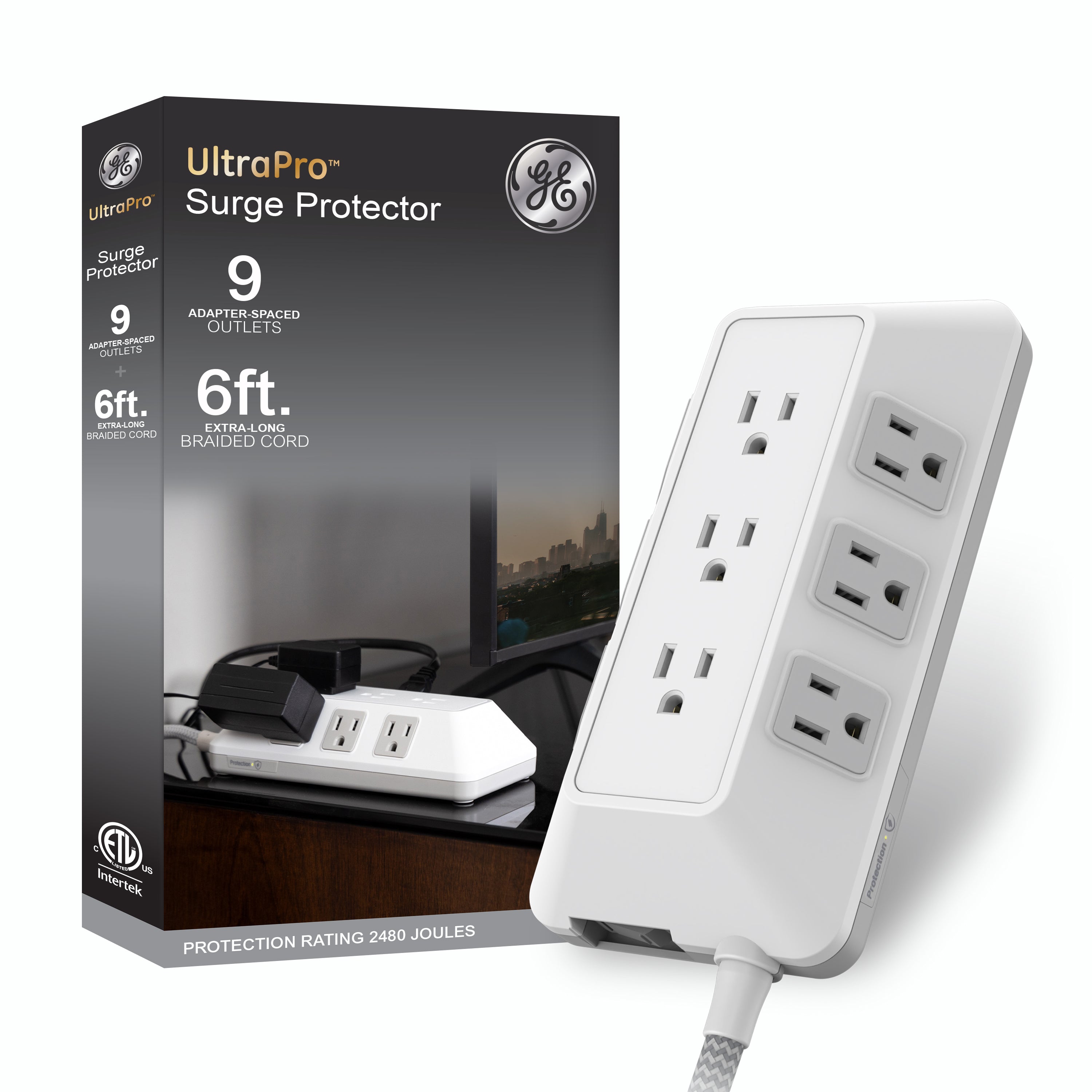 GE-branded 9-Outlet Surge Protector, 2480J, 6ft. Braided Cord, White