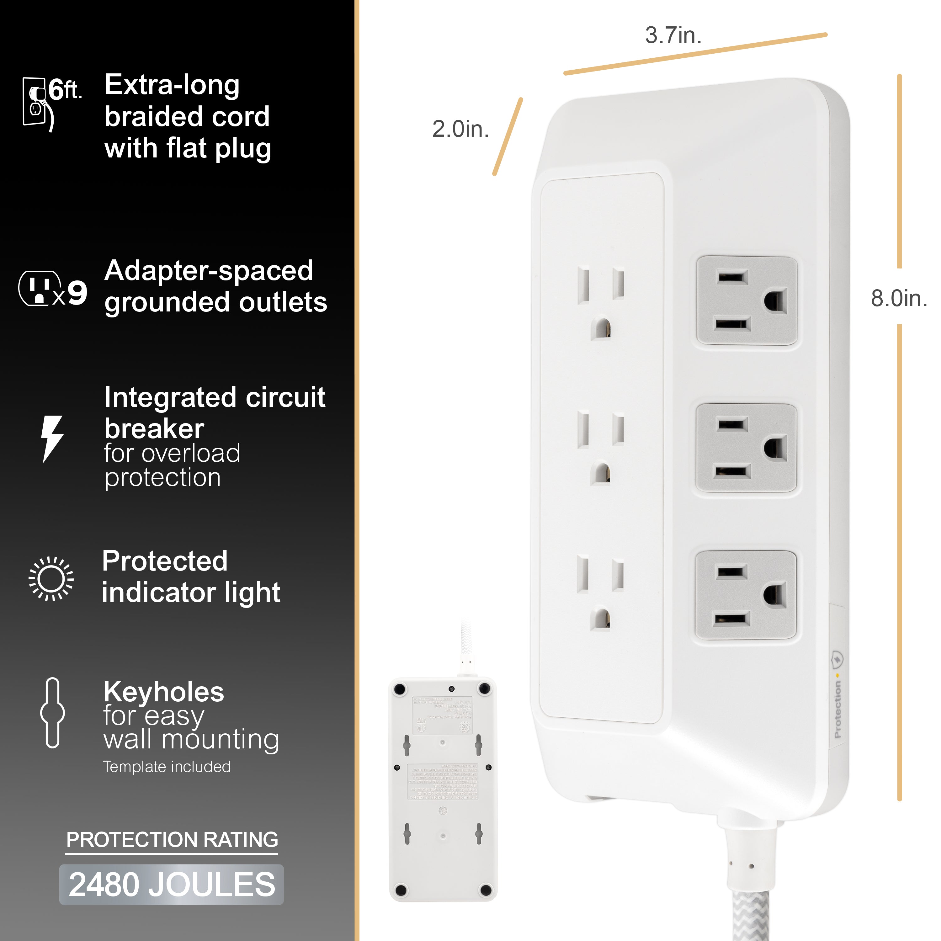 GE-branded 9-Outlet Surge Protector, 2480J, 6ft. Braided Cord, White