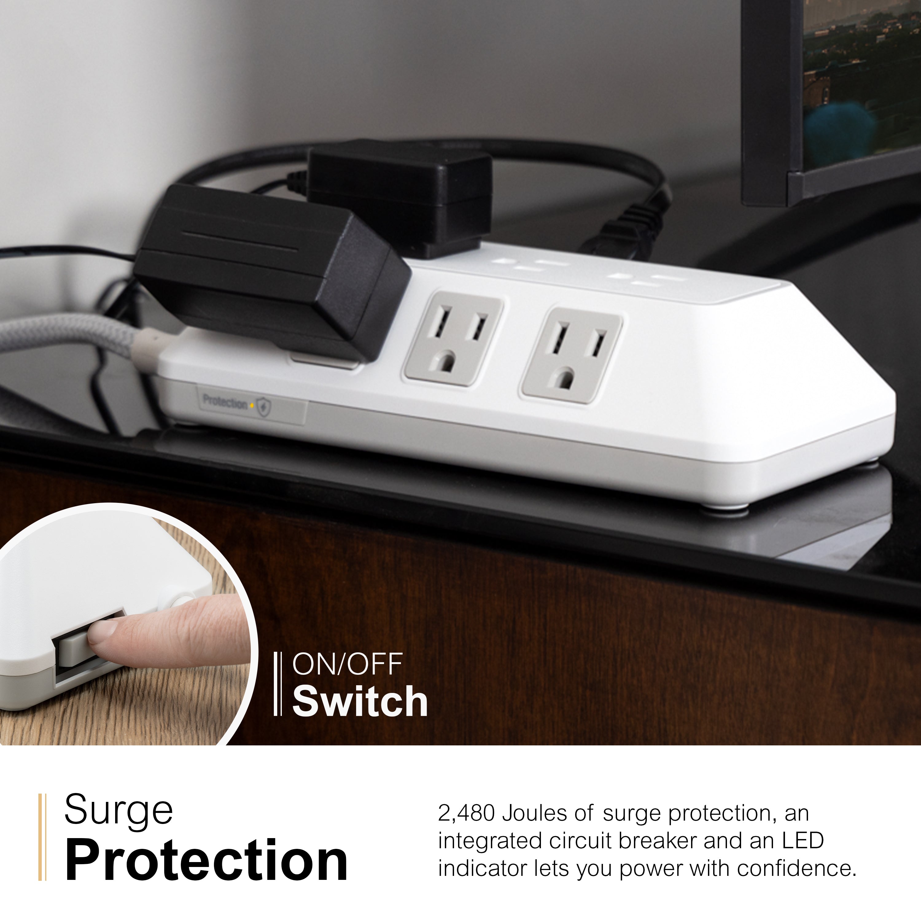 GE-branded 9-Outlet Surge Protector, 2480J, 6ft. Braided Cord, White