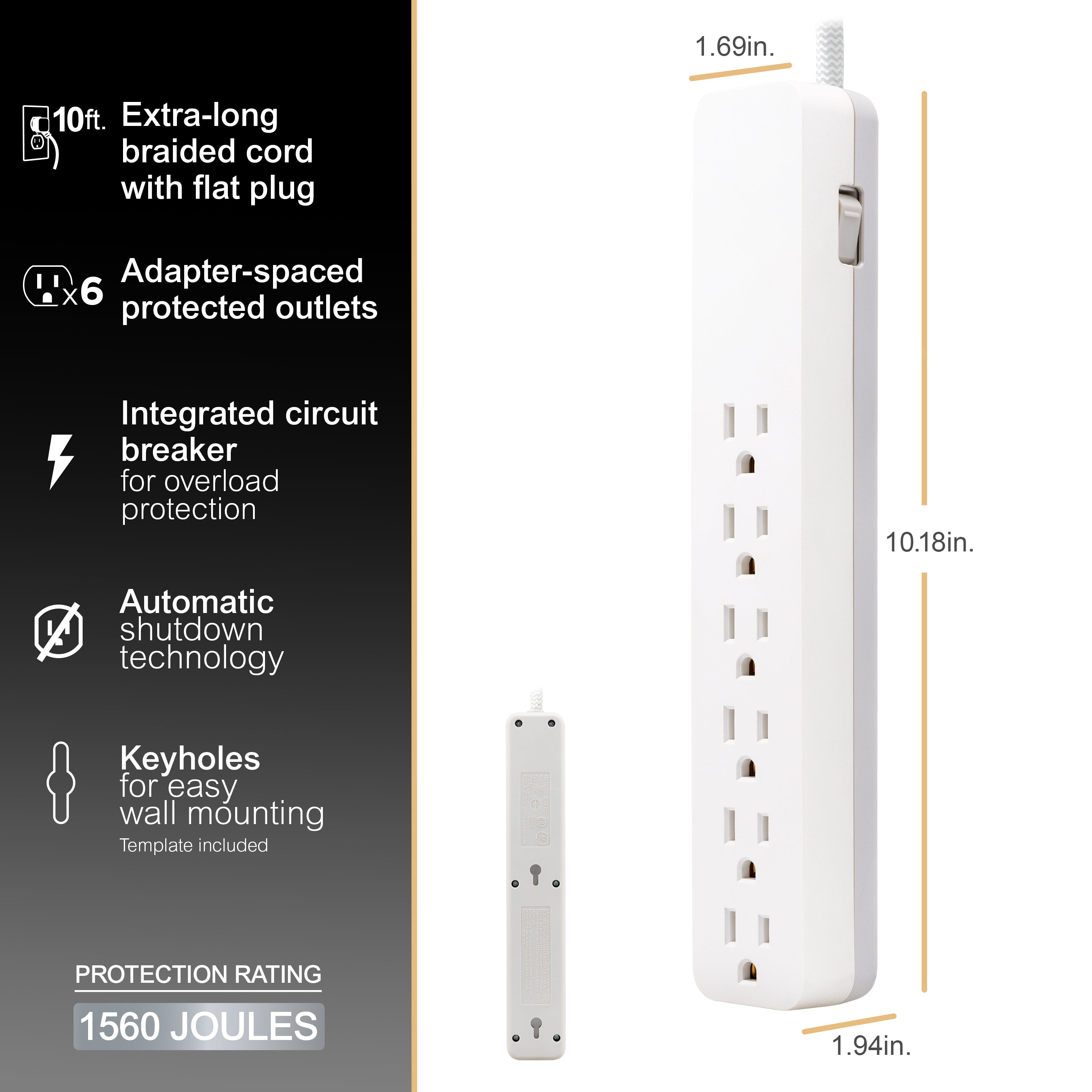 GE-branded 6-Outlet Surge Protector, 1560J, 10ft. White