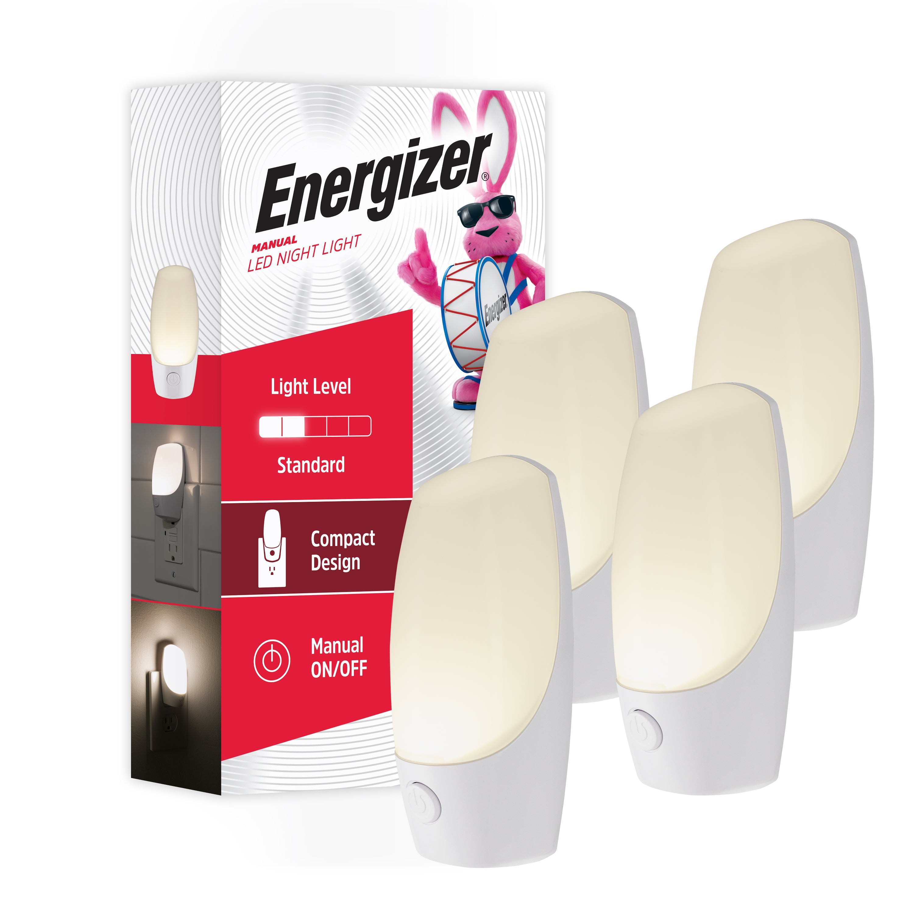 Energizer Manual Button Night Light, 4 Pack, White