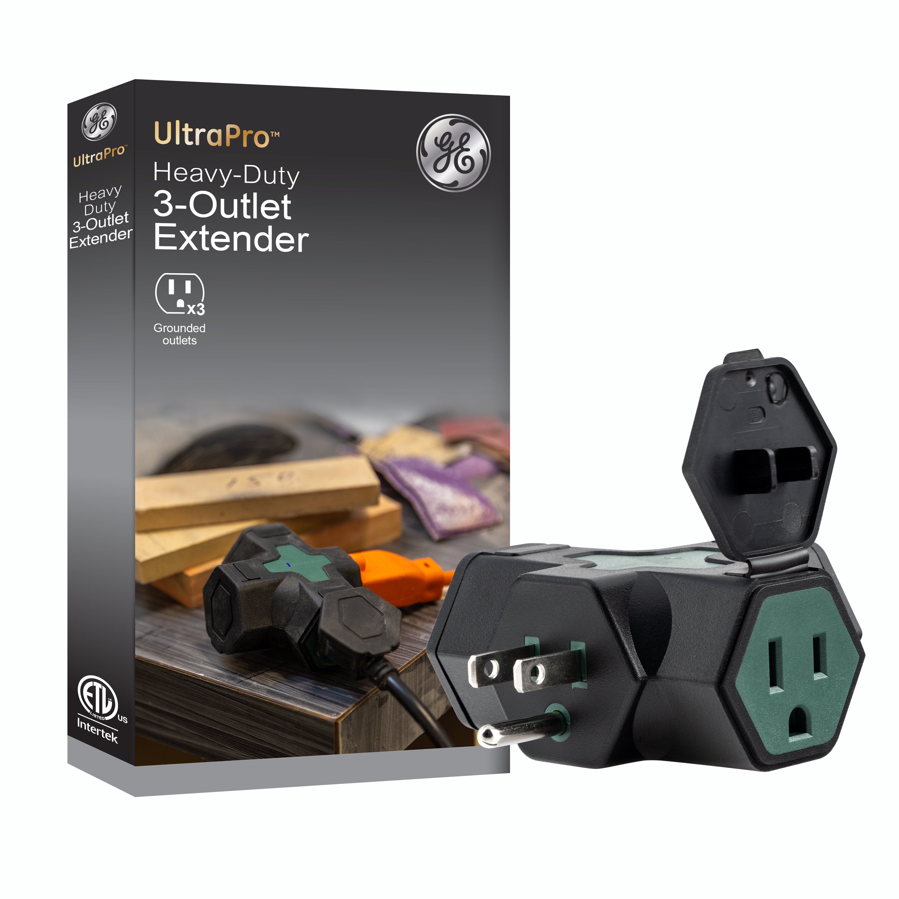 GE-branded Heavy-Duty 3-Outlet Tap w/indicator light, Green