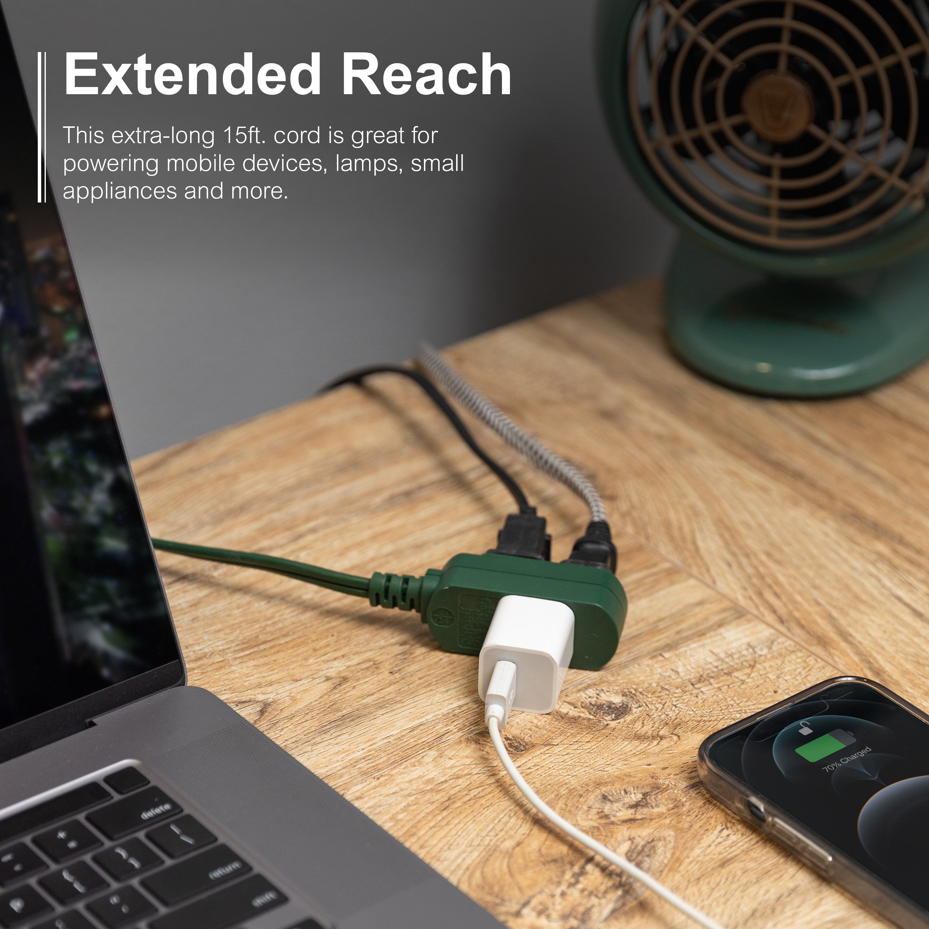 GE-branded UltraPro 3-Outlet Polarized Extension Cord, 15ft., Indoor, Green