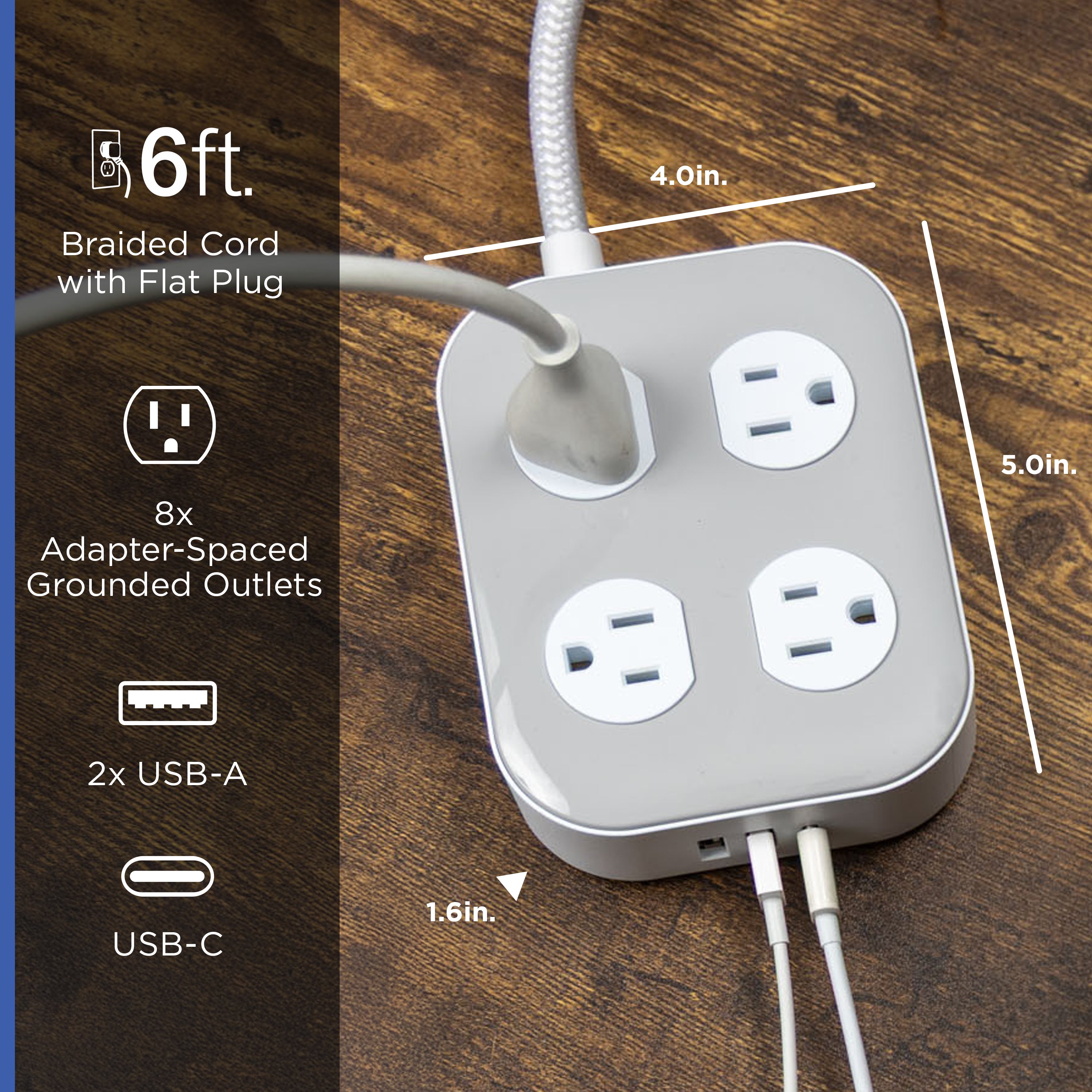 GE-branded Adapt UltraPro 8-Outlet Surge Protector, 2 USB-A, 1 USB-C, 1500 Joules, 6ft., White/Gray