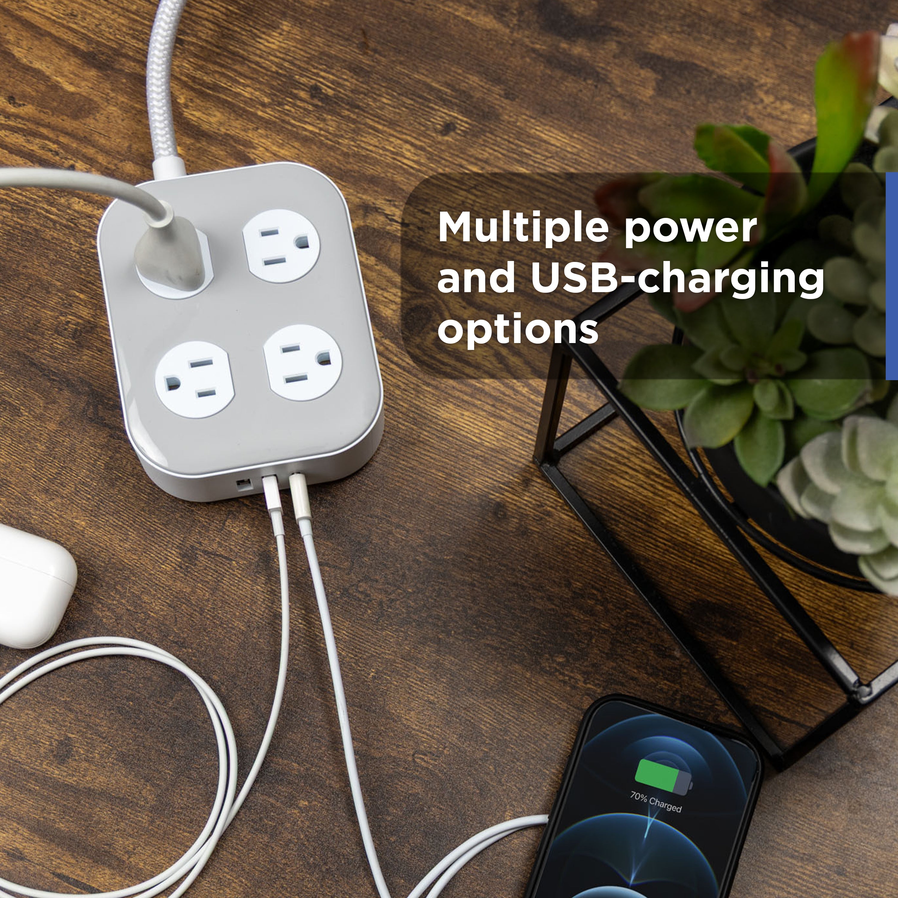 GE-branded Adapt UltraPro 8-Outlet Surge Protector, 2 USB-A, 1 USB-C, 1500 Joules, 6ft., White/Gray