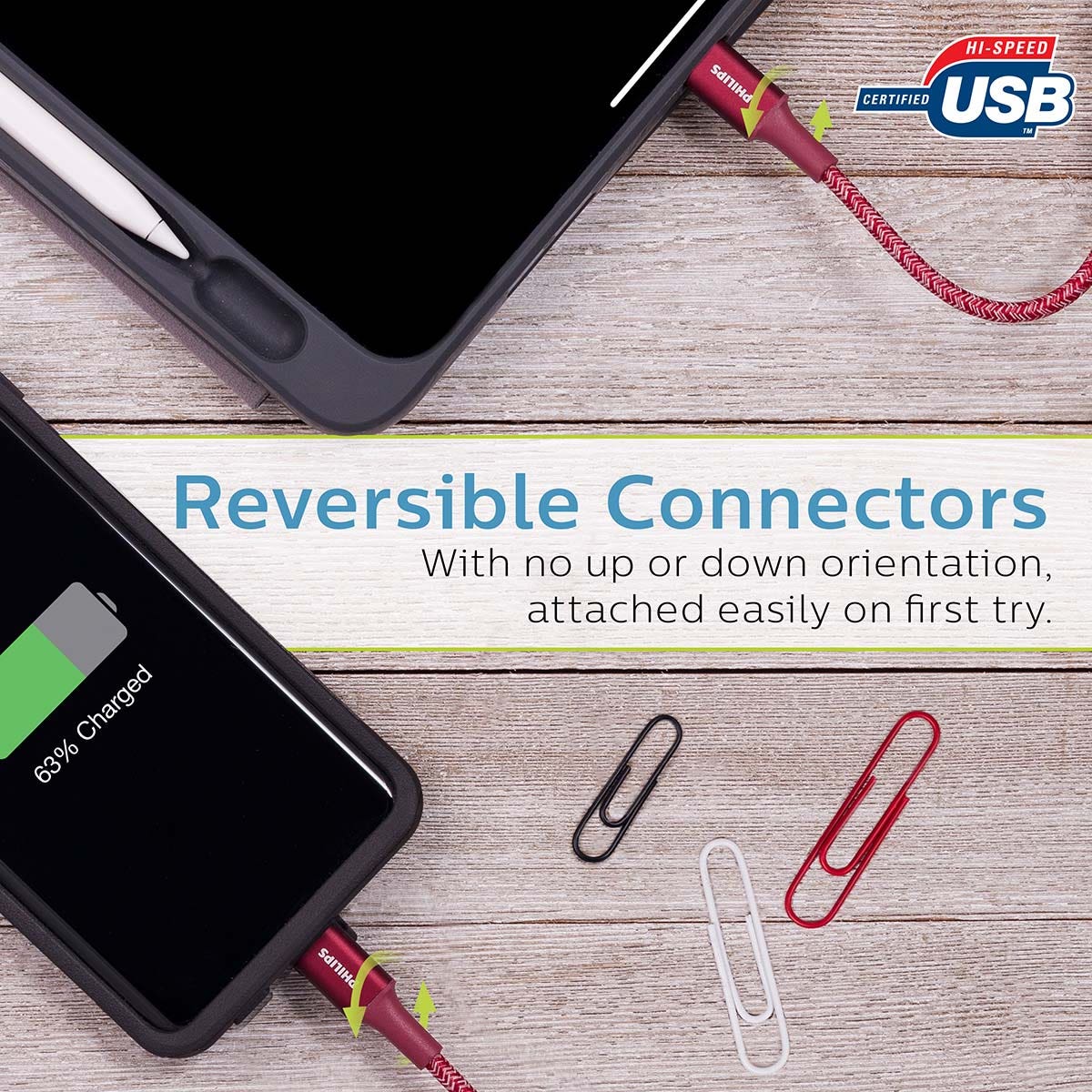 Philips 3ft. USB-C to USB-C Braided Charging Cable, Brick Red