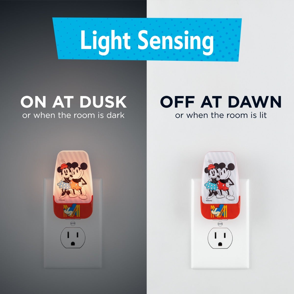 Disney Mickey & Minnie Light Sensing LED Night Light, Red