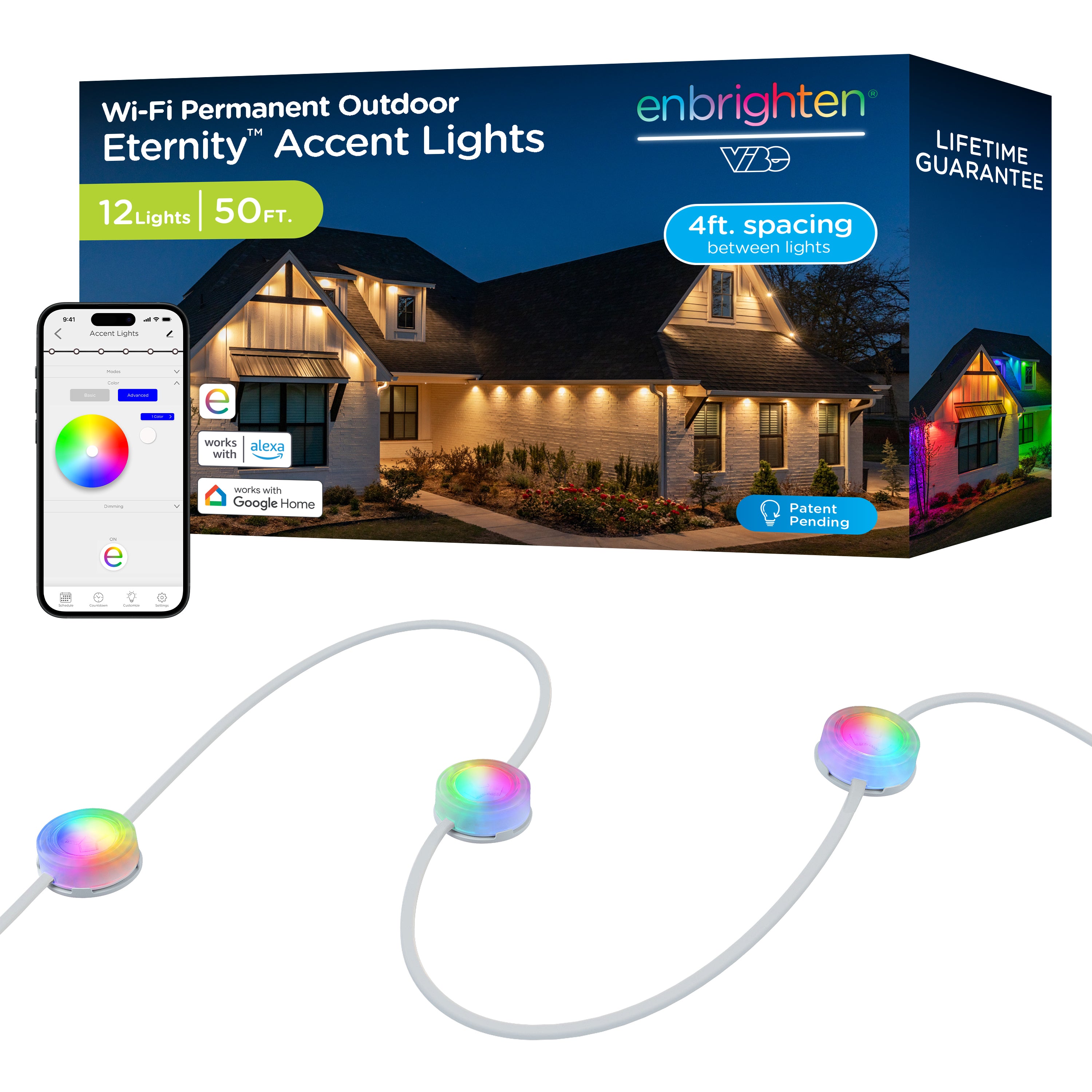 Enbrighten VIBE WiFi Color-Changing Permanent Outdoor Eternity Accent Lights, 12 Lights, 50ft. White Cord