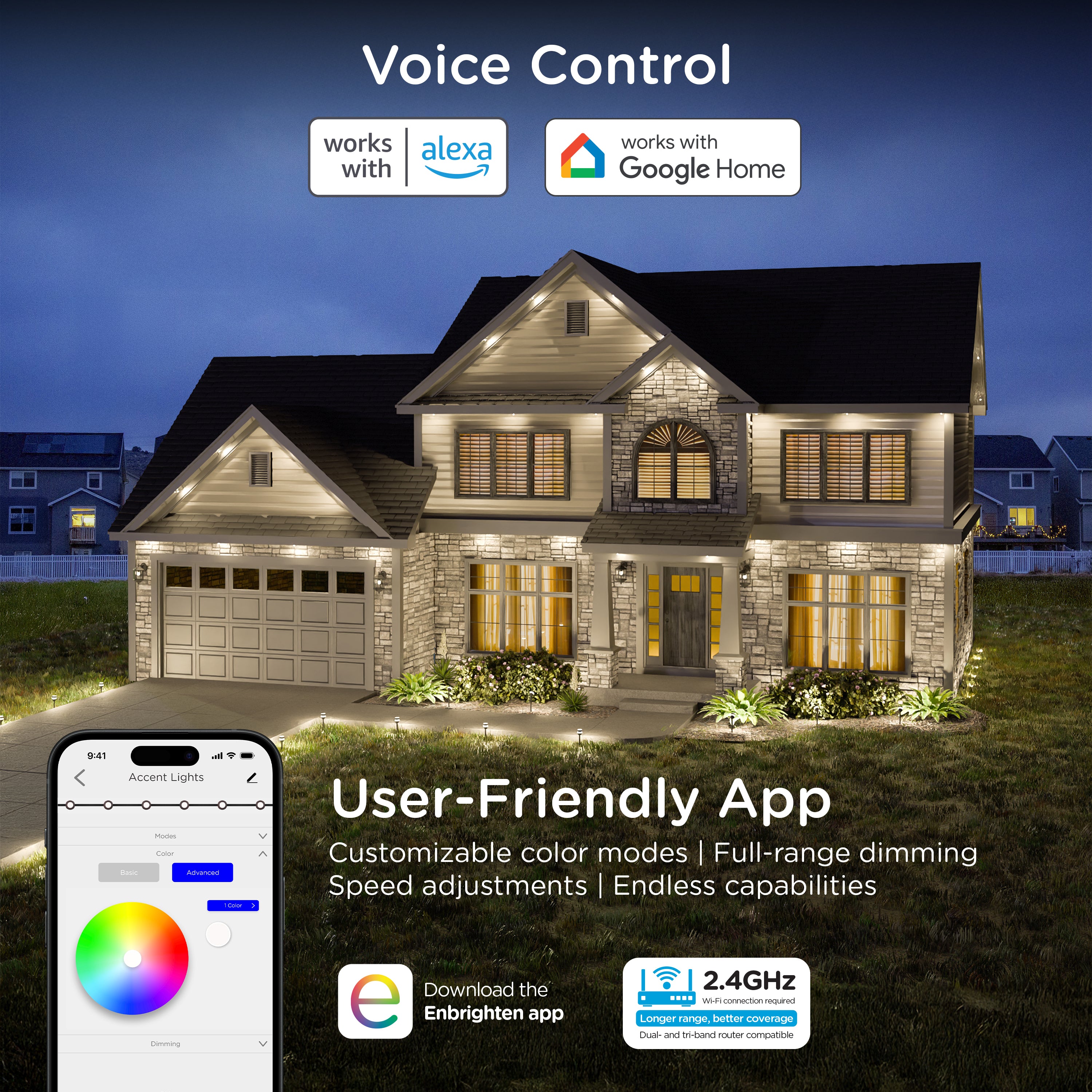 Enbrighten VIBE WiFi Color-Changing Permanent Outdoor Eternity Accent Lights, 24 Lights, 100ft. White Cord
