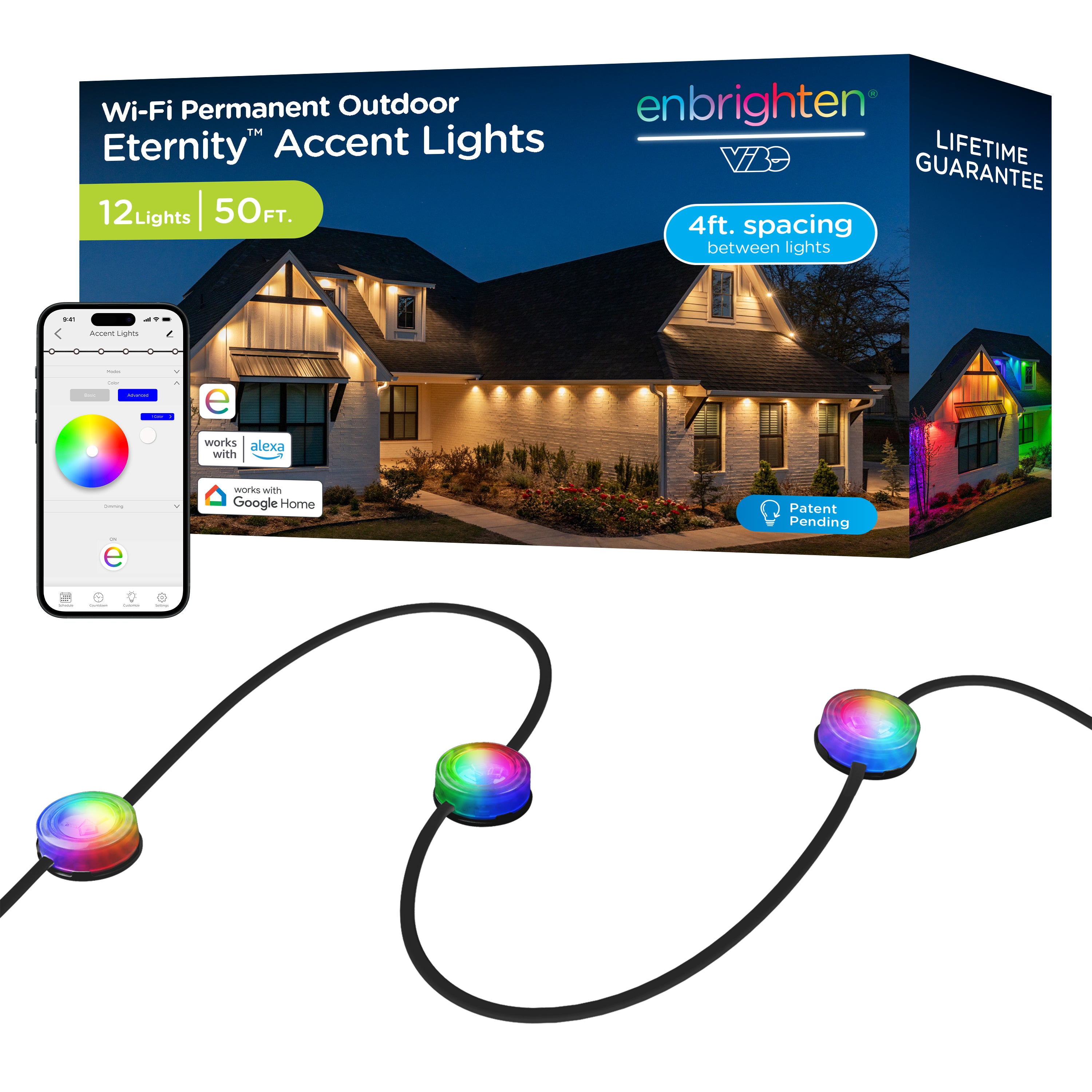 Enbrighten VIBE WiFi Color-Changing Permanent Outdoor Eternity Accent Lights, 12 Lights, 50ft. Black Cord
