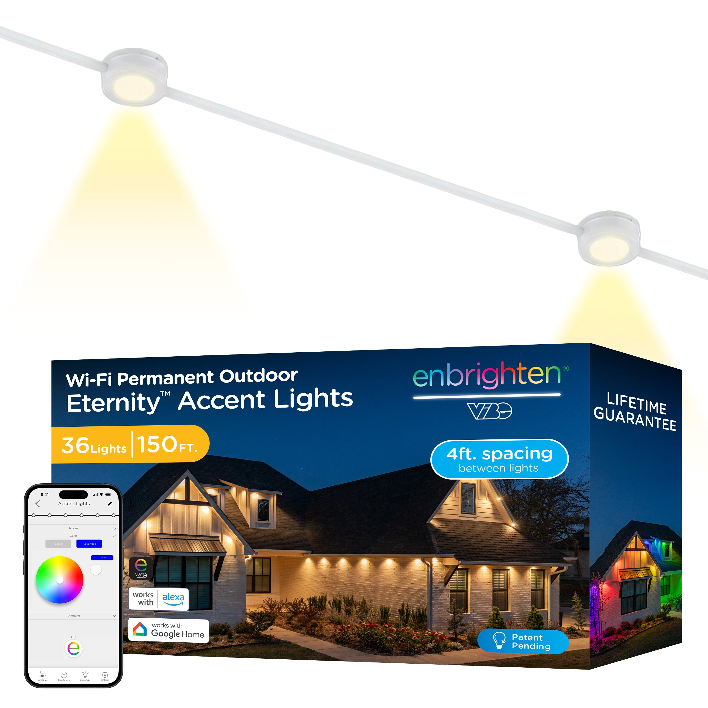 Enbrighten VIBE WiFi Color-Changing Permanent Outdoor Eternity Accent Lights, 36 Lights, 150ft. White Cord