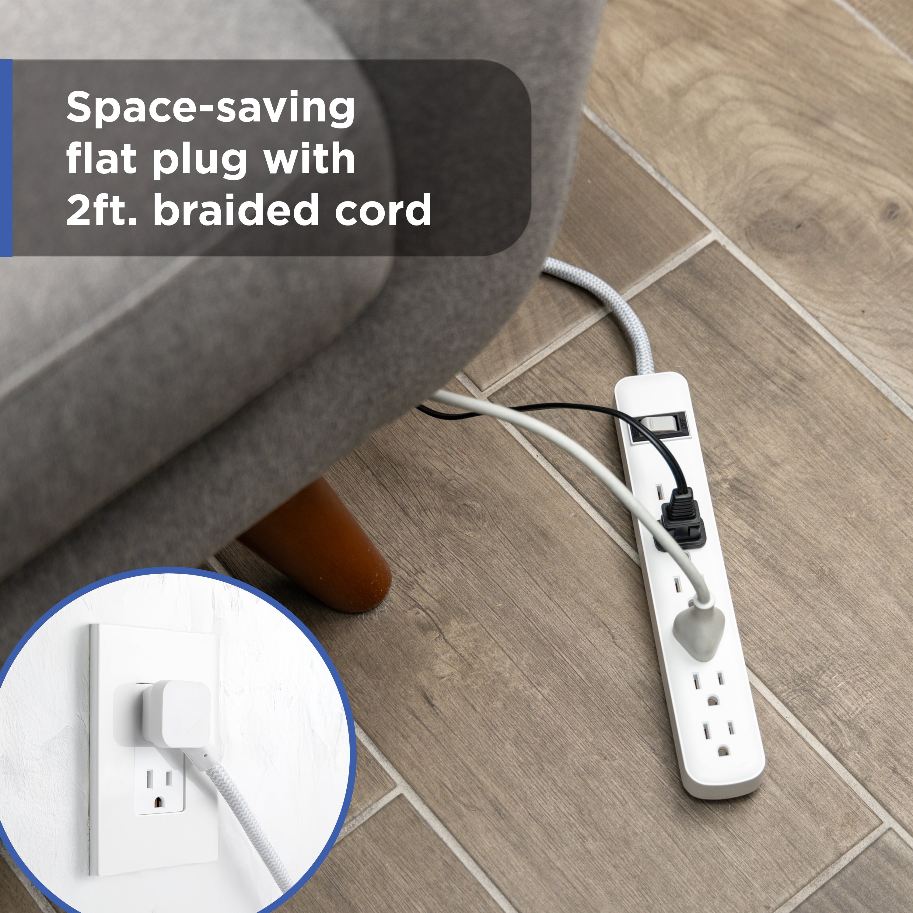 GE-branded 6-Outlet Surge Protector and 2-Outlet Surge Protector with 2 USB-C, 2ft and 245J, White, Combo Pack