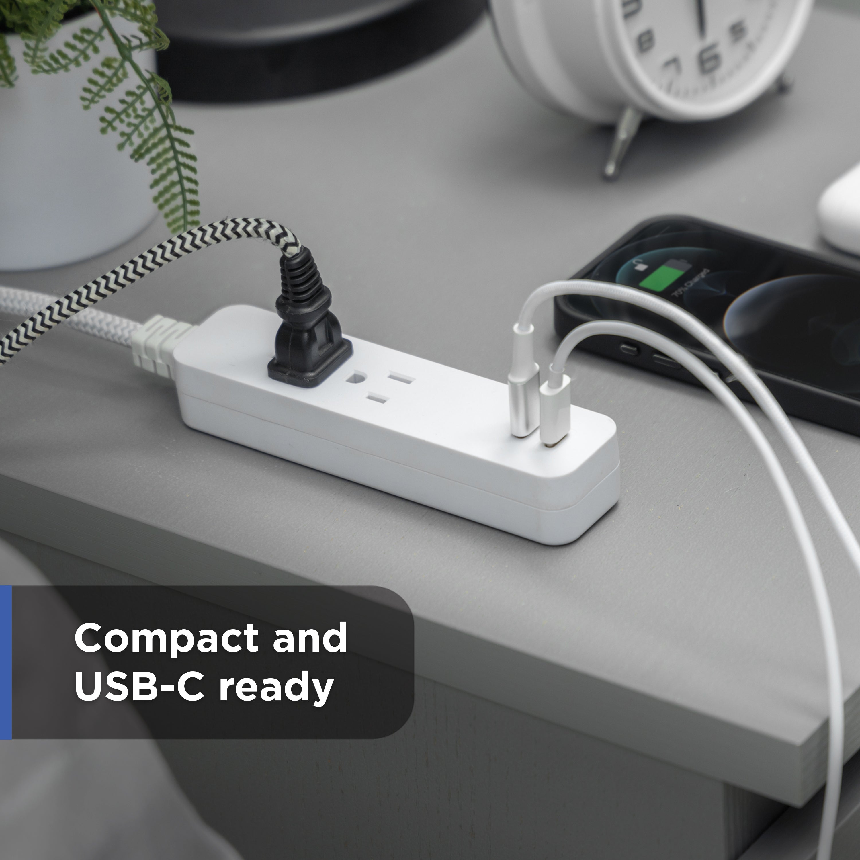 GE-branded 6-Outlet Surge Protector and 2-Outlet Surge Protector with 2 USB-C, 2ft and 245J, White, Combo Pack