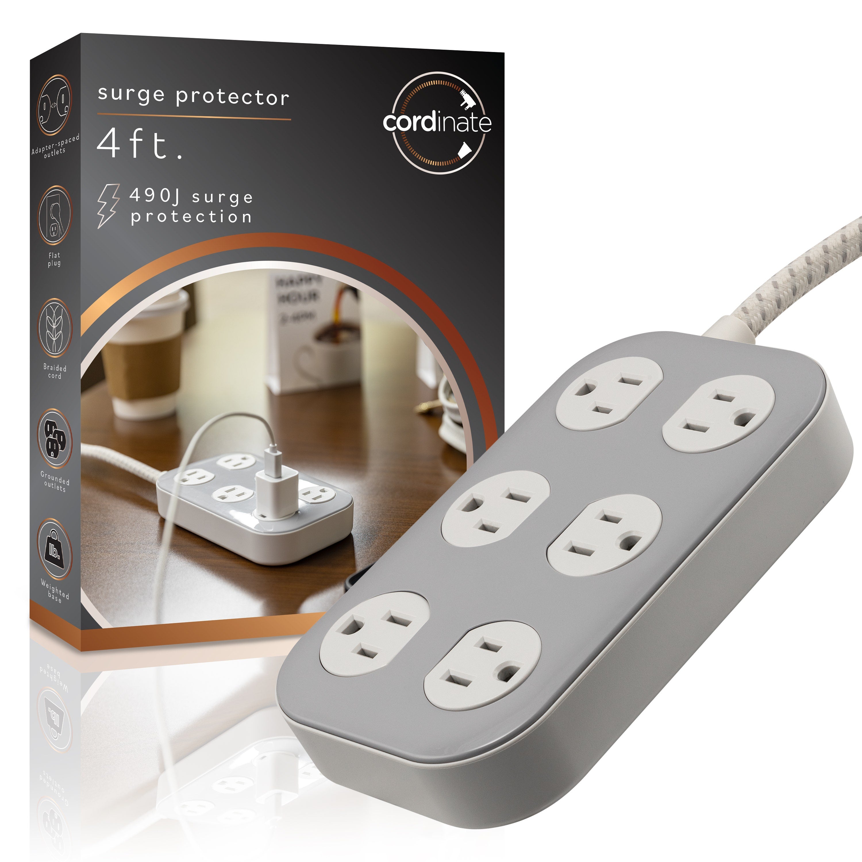 Cordinate ADAPT 6-Outlet 4ft. Braided Extension Cord with Surge Protection, Cream/Gray