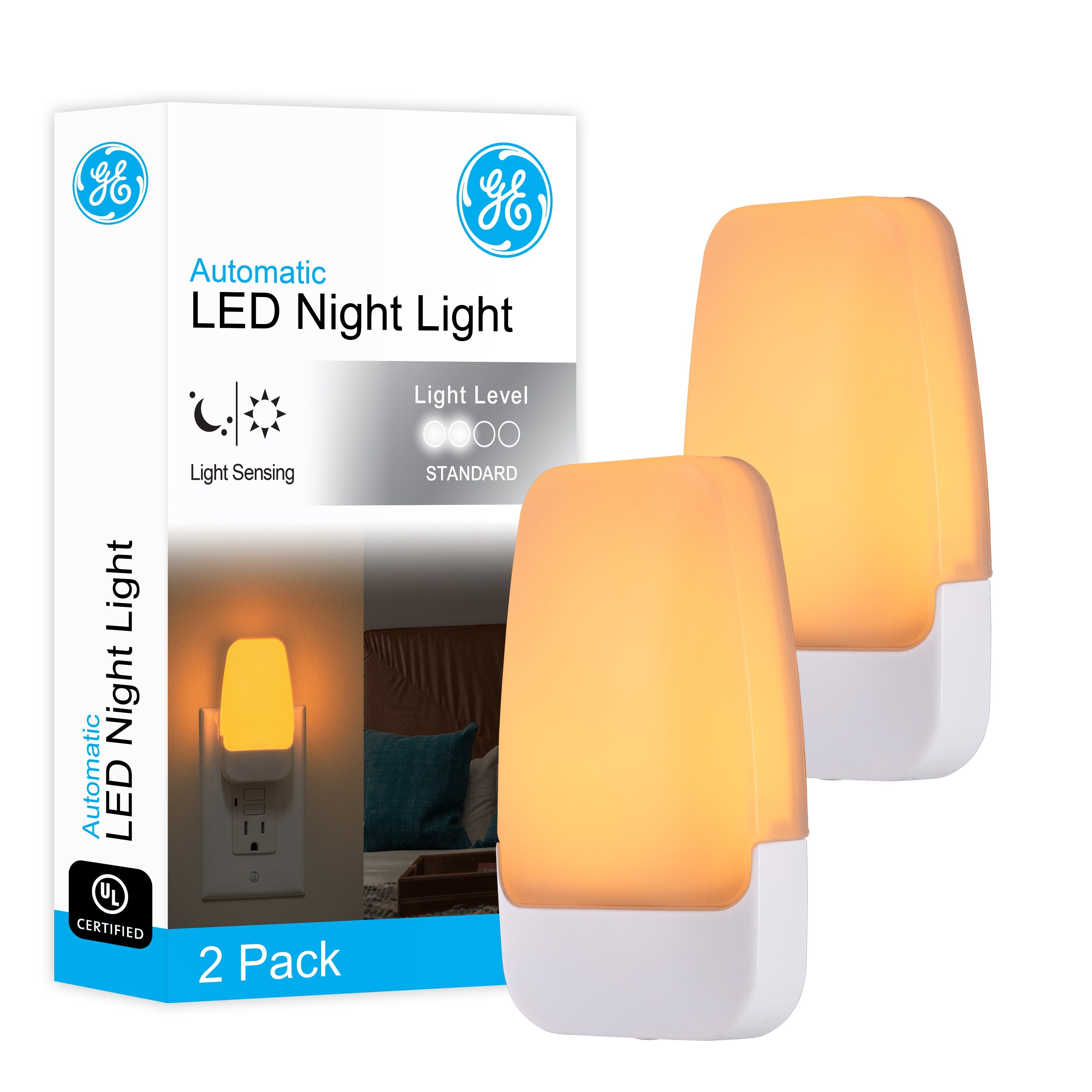 GE LED Light Sensing Night Light, 2 Pack, Amber