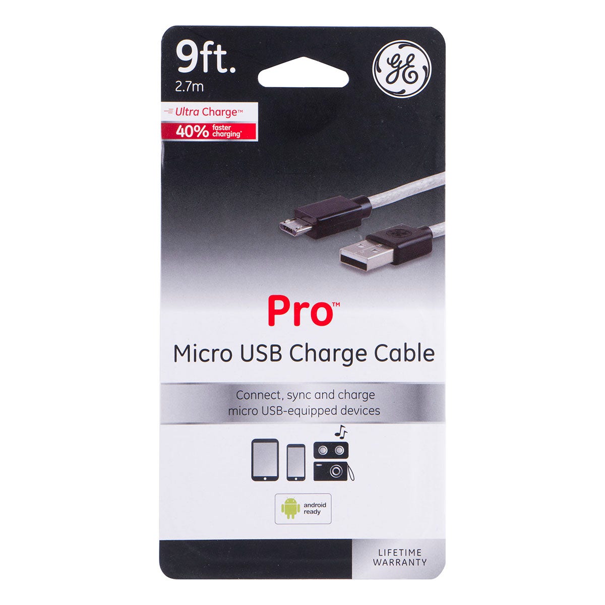 GE 9ft. Micro USB Charging Cable, Silver