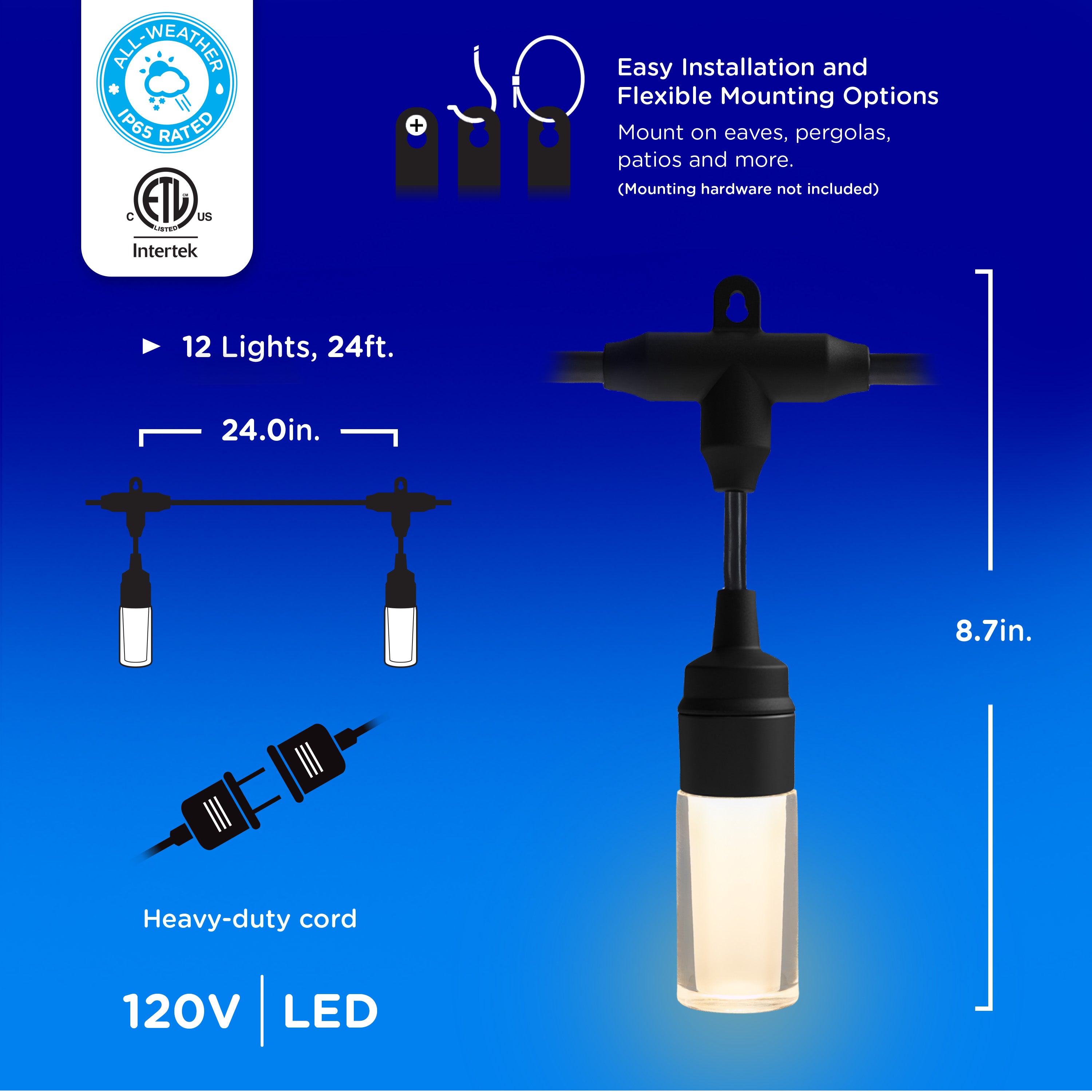 Enbrighten Modern Outdoor String Lights, 24ft, 12 Cylindrical Shatterproof Bulbs, Cool White