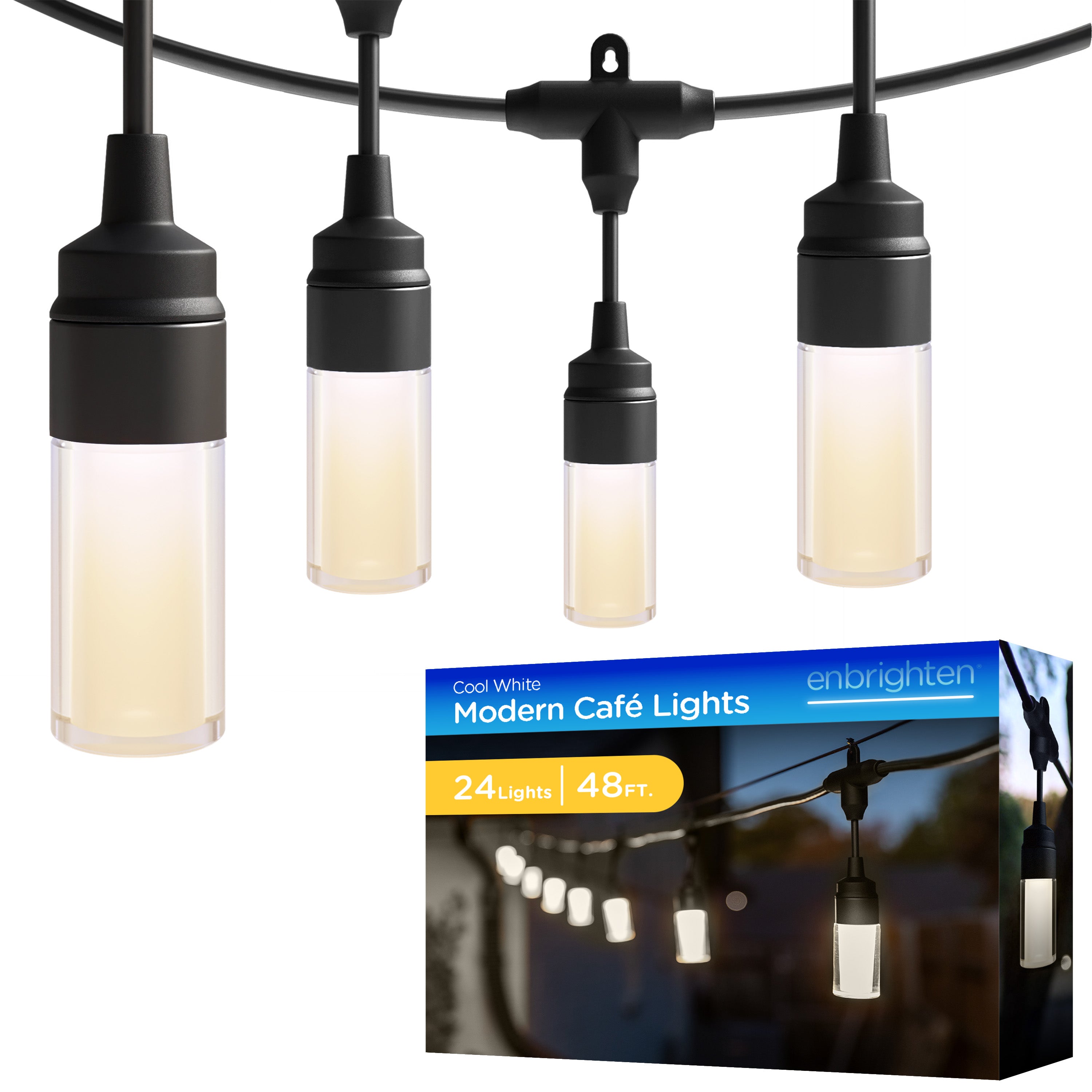 Enbrighten Modern Outdoor String Lights, 48ft, 24 Cylindrical Shatterproof Bulbs, Cool White