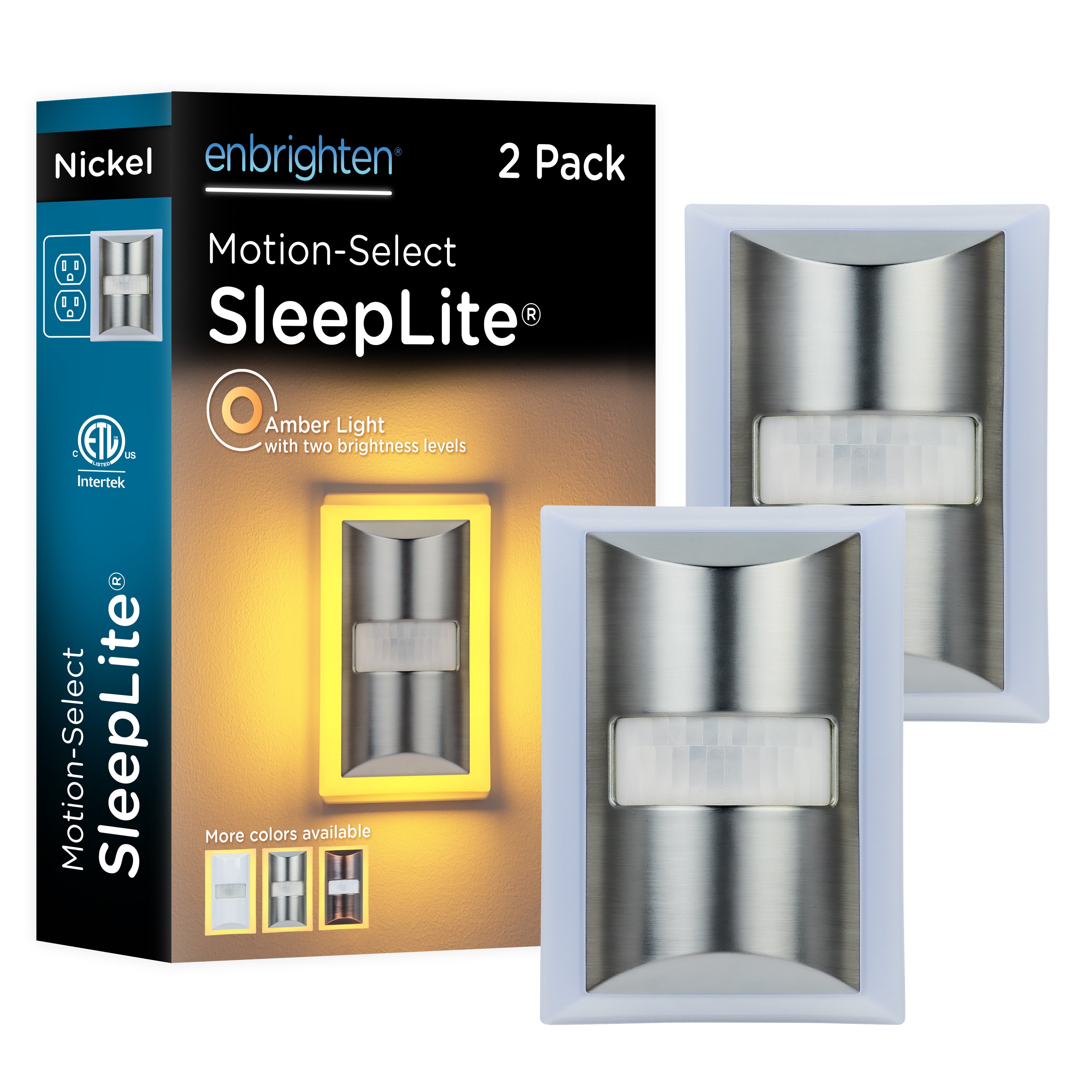 Enbrighten SleepLite Night Light, Motion Select, Motion-Boost, Amber LED, Coverlite, Backlit, Brushed Nickel, 2 Pack