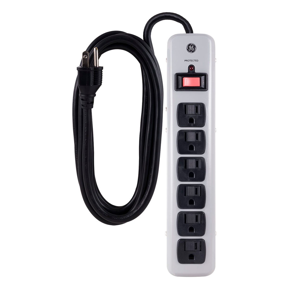 GE 6-Outlet 8ft. Surge Protector with Slide-to-Close Safety Covers, Gray
