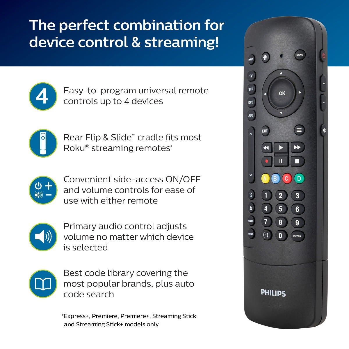 Philips 4-Device Universal Companion Remote for Roku with Flip and Slide Cradle, Black