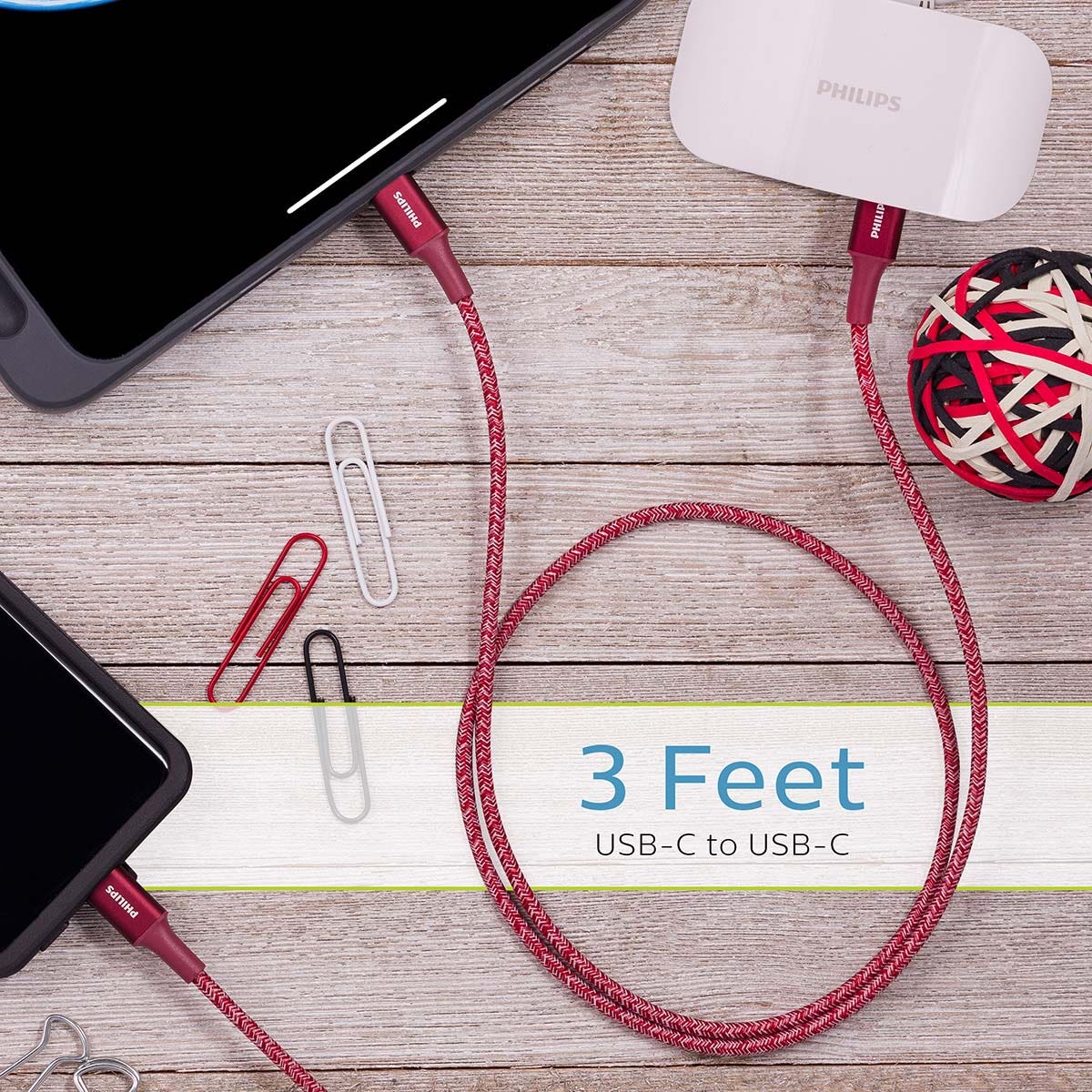 Philips 3ft. USB-C to USB-C Braided Charging Cable, Brick Red