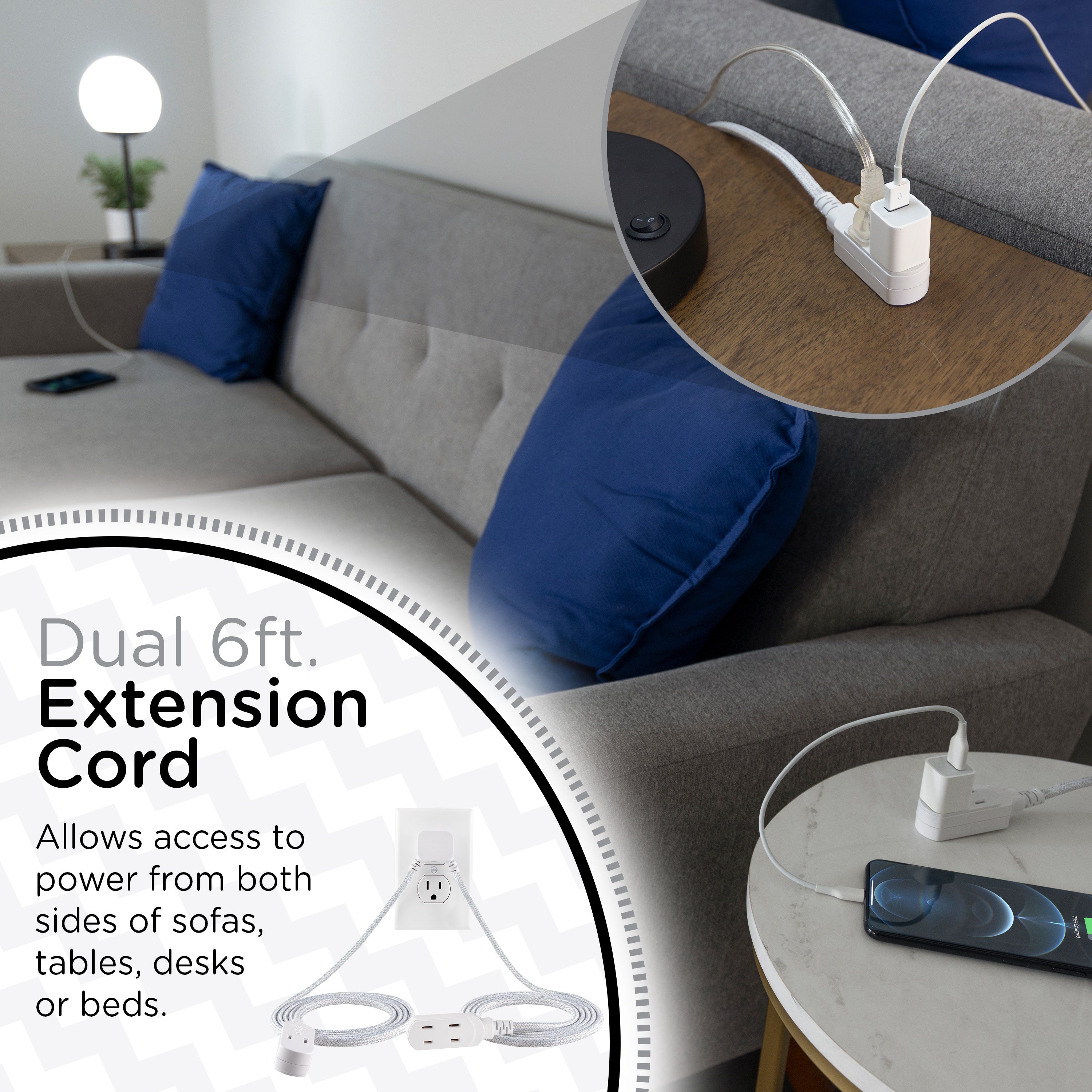 Cordinate 3-Outlet 12ft. Dual Split Extension Cord Braided, Indoor, White