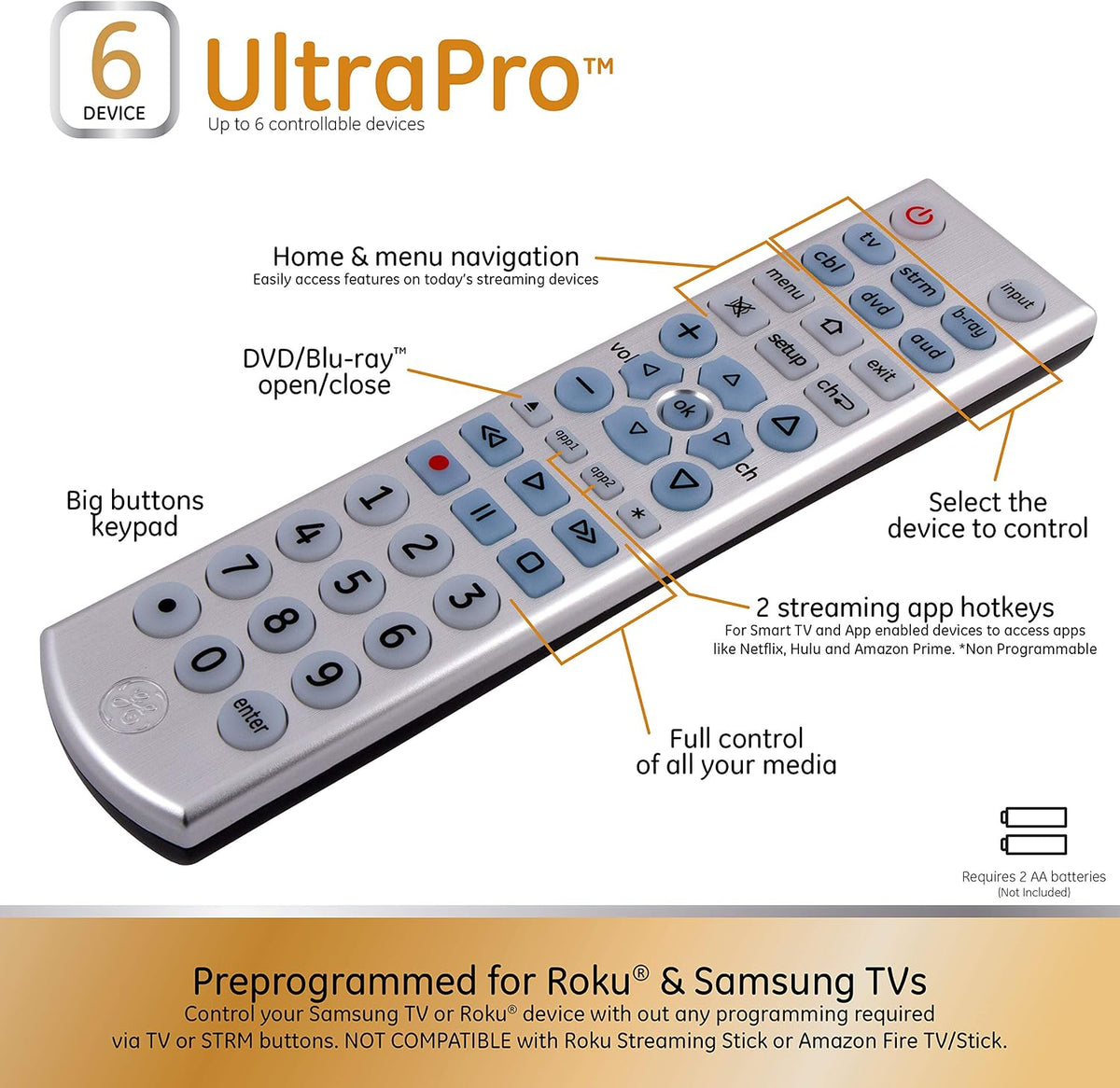 GE UltraPro 6-Device Universal Remote, Backlit, Big Buttons, Brushed Silver