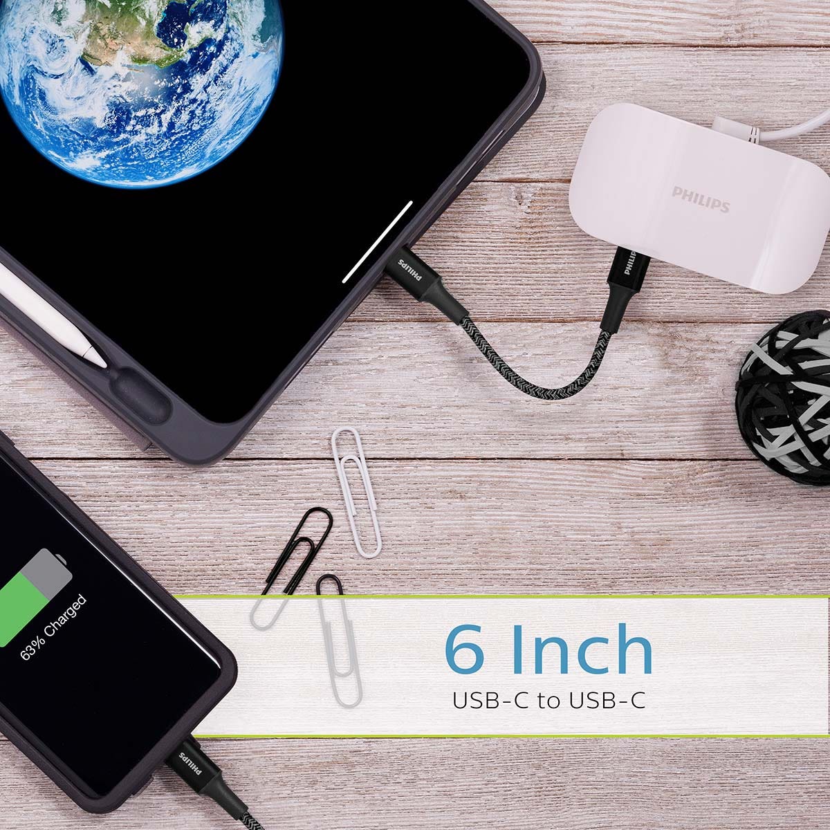 Philips 6in. USB-C to USB-C Braided Charging Cable, Black