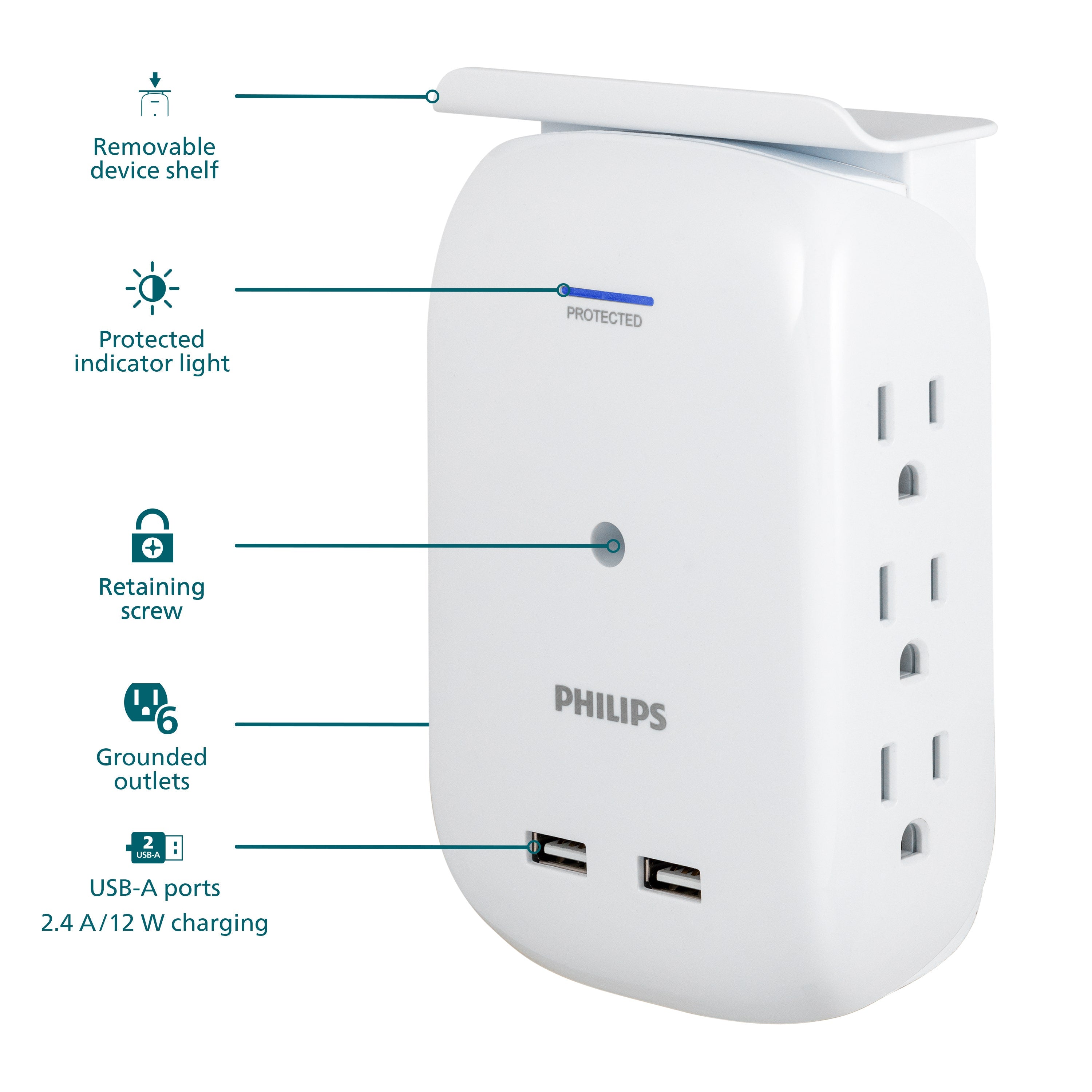 Philips Outlet 2-USB Wall Tap With Surge Protection And Device Shelf, White