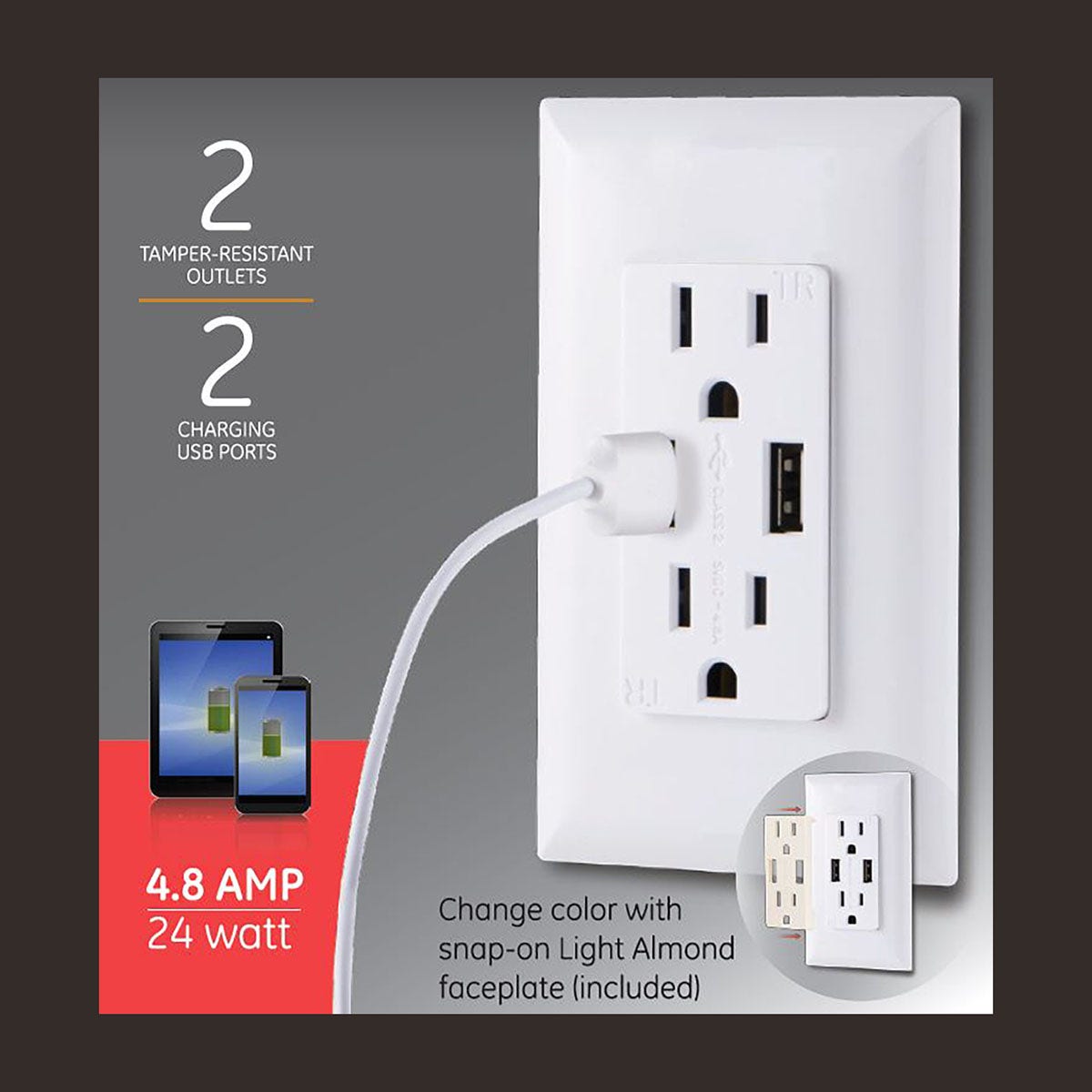 GE UltraPro 2-Outlet 2-USB Tamper Resistant Receptacle, White
