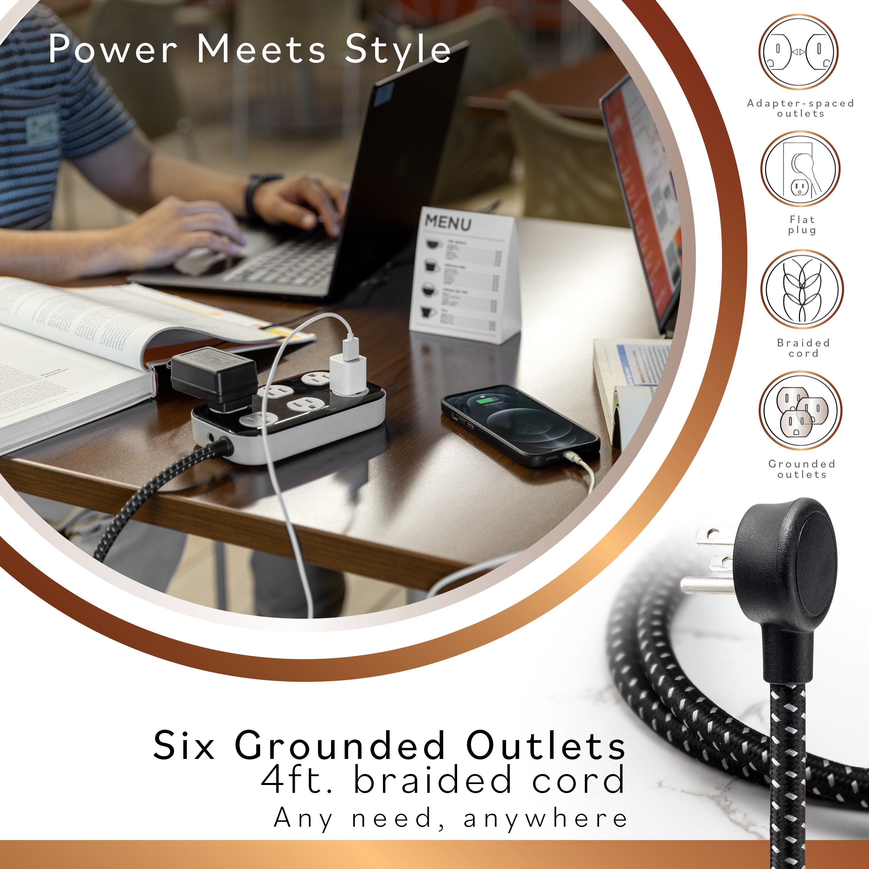 Cordinate ADAPT 6-Outlet 4ft. Braided Extension Cord with Surge Protection, Black/Gray