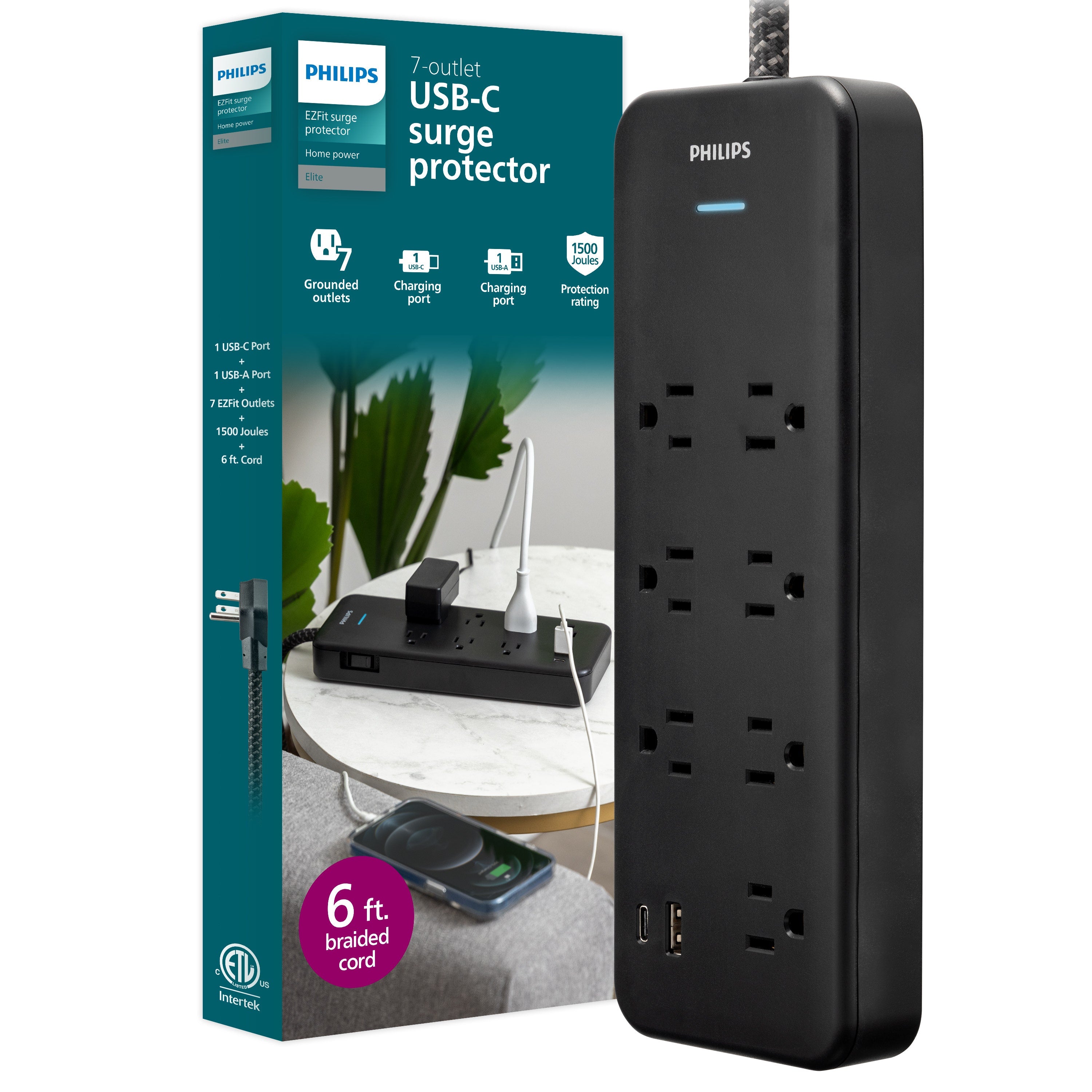 Philips 7-Outlet 6ft. 1 USB-A 1 USB-C Surge Protector With Adapter-Spaced Outlets, Black