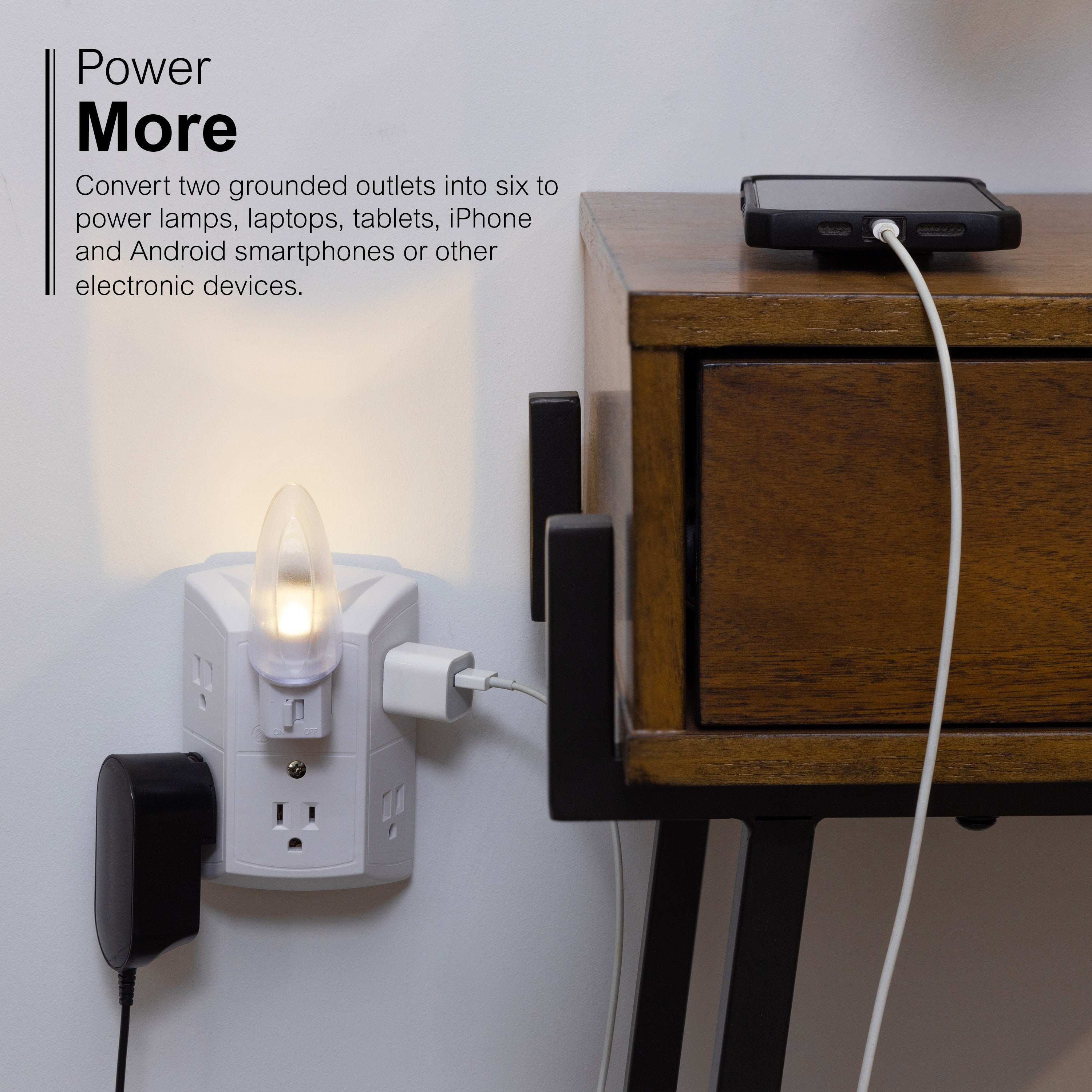 GE 6-Outlet Wall Tap with Resettable Circuit Breaker, White