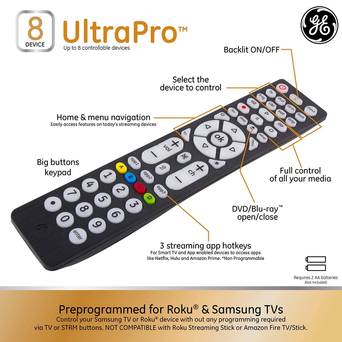 GE 8-Device Backlit Universal Remote, Black